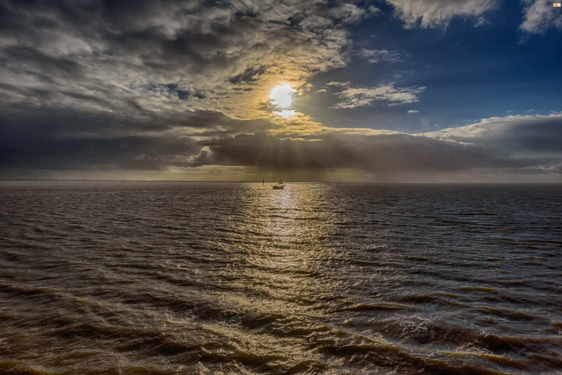 Statek, Ocean, Fale, Słońce