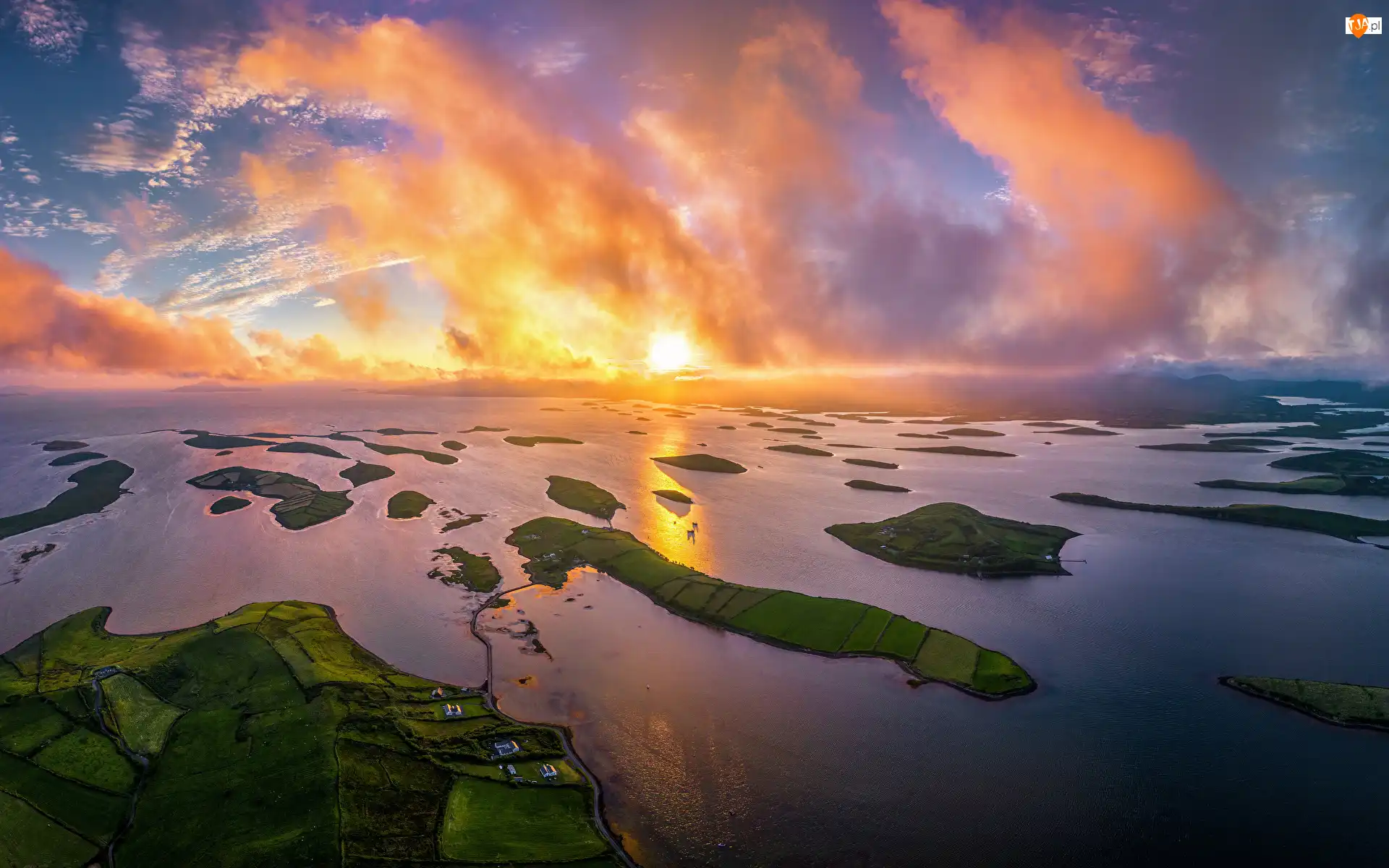Clew Bay, Morze, Wysepki, Hrabstwo Mayo, Niebo, Zatoka, Irlandia, Zachód słońca