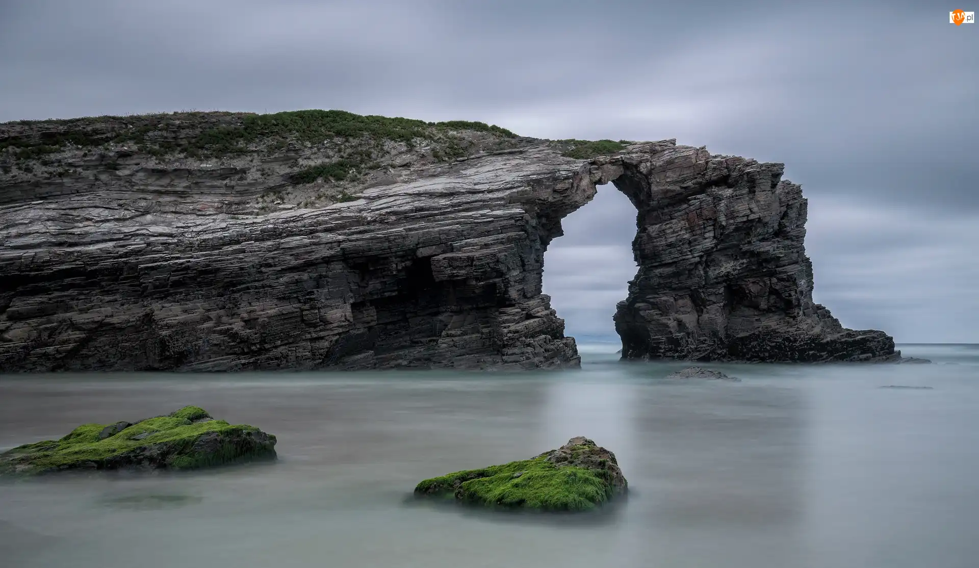 Łuk, Galicja, Skała, Mech, Skalny, Hiszpania, Gminna Ribadeo, Morze, Prowincja Lugo, Plaża As Catedrais, Ocean Atlantycki, Głazy