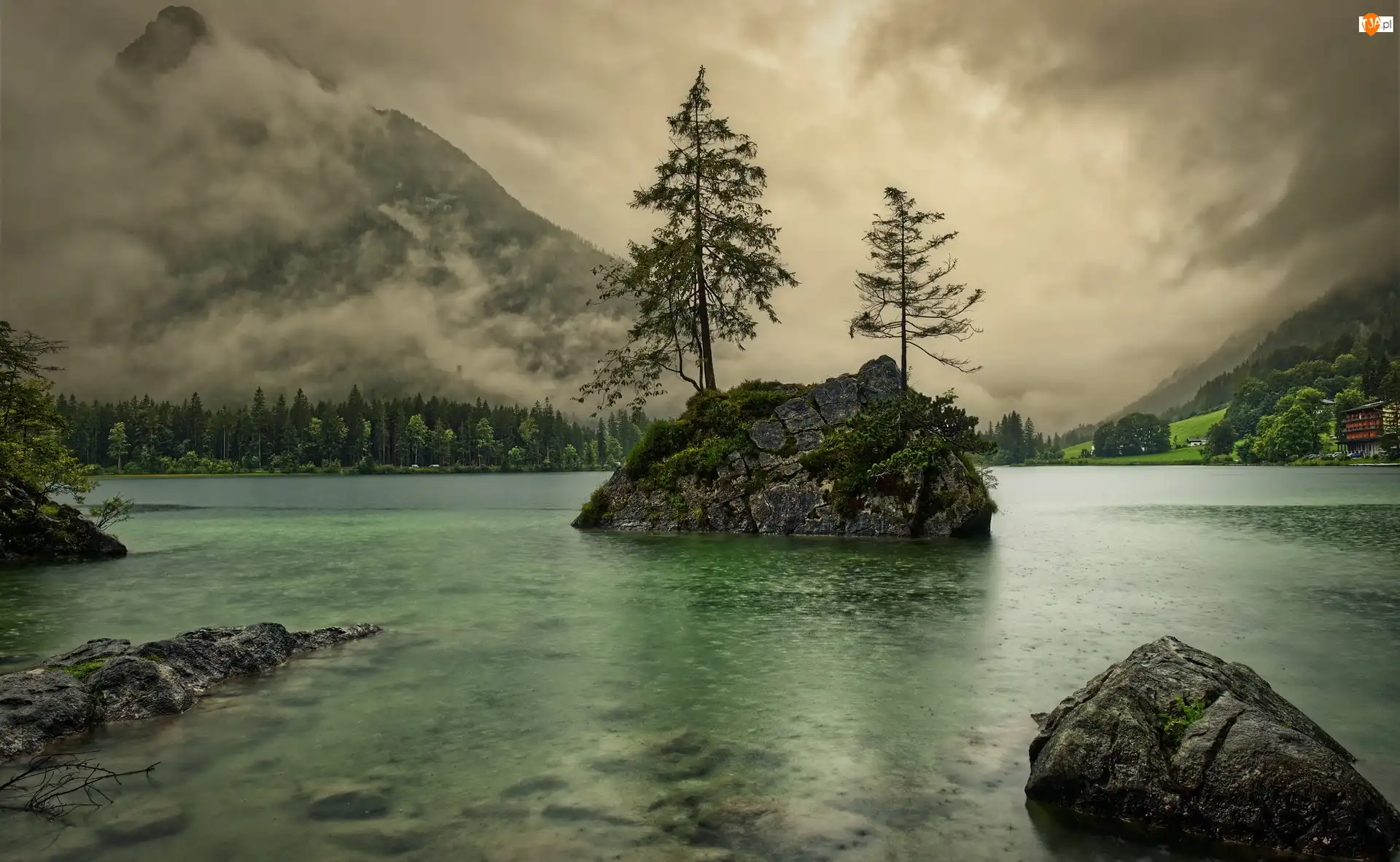 Niemcy, Góry Alpy, Bawaria, Kamienie, Gmina Berchtesgadener, Mgła, Drzewa, Jezioro Hintersee, Skały