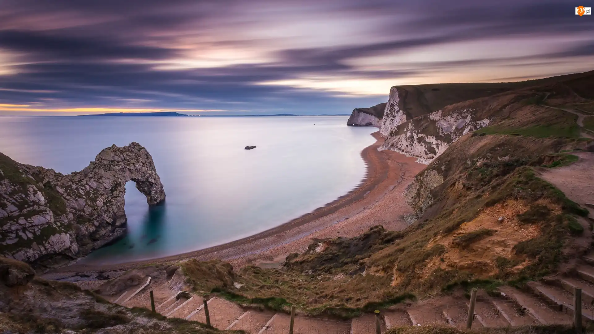 Łuk wapienny, Anglia, Wybrzeże Jurajskie, Durdle Door, Hrabstwo Dorset, Skały, Schody, Morze