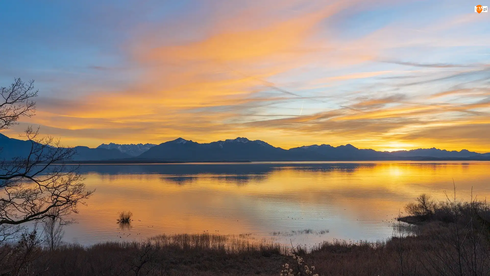 Jezioro Chiemsee, Jezioro, Zachód słońca, Niemcy, Góry, Bawaria