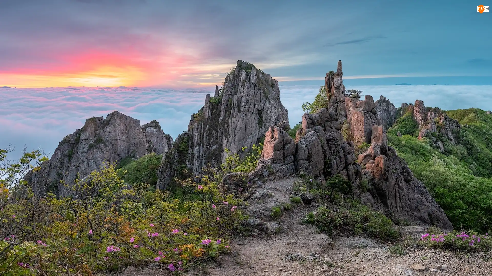 Góry, Wschód słońca, Chmury, Korea Południowa, Skały, Mgła