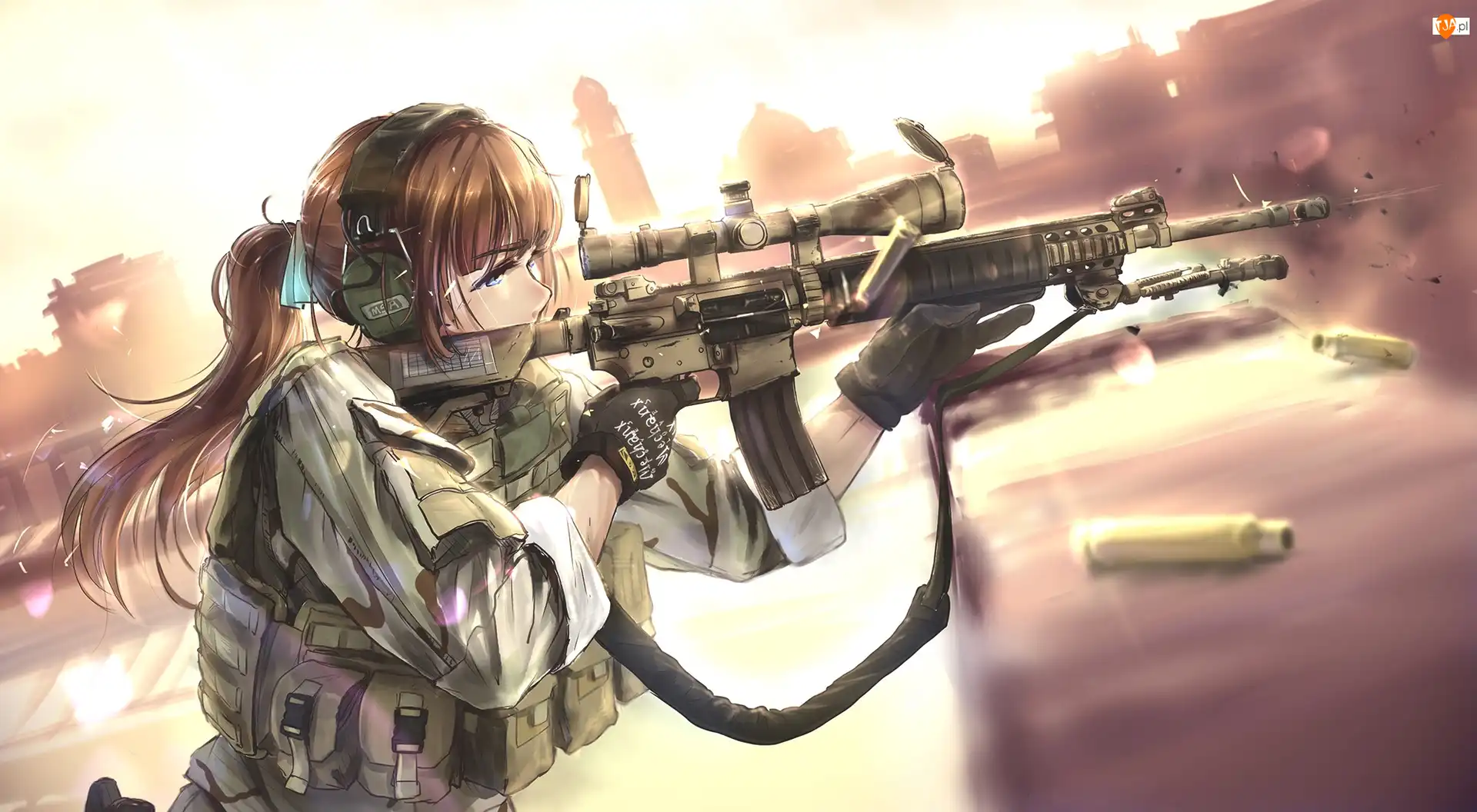 Broń, Karabin, Anime, Dziewczyna, Manga, Rysunek, Miasto
