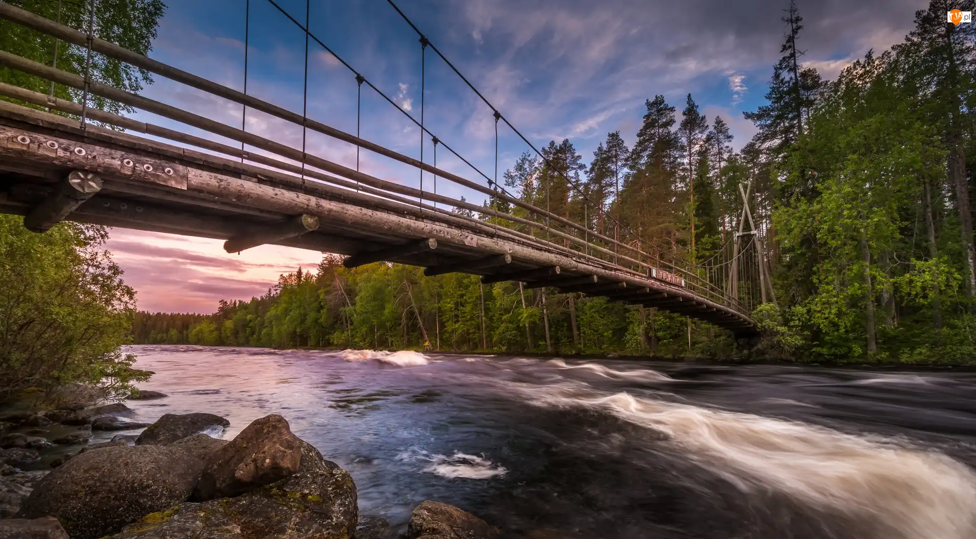 Bystrze Haapavitja, Drzewa, Rzeka Neitijoki, Finlandia, Most