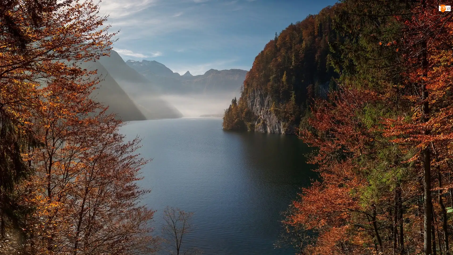 Mgła, Jesień, Konigssee, Bawaria, Góry, Drzewa, Niemcy, Jezioro
