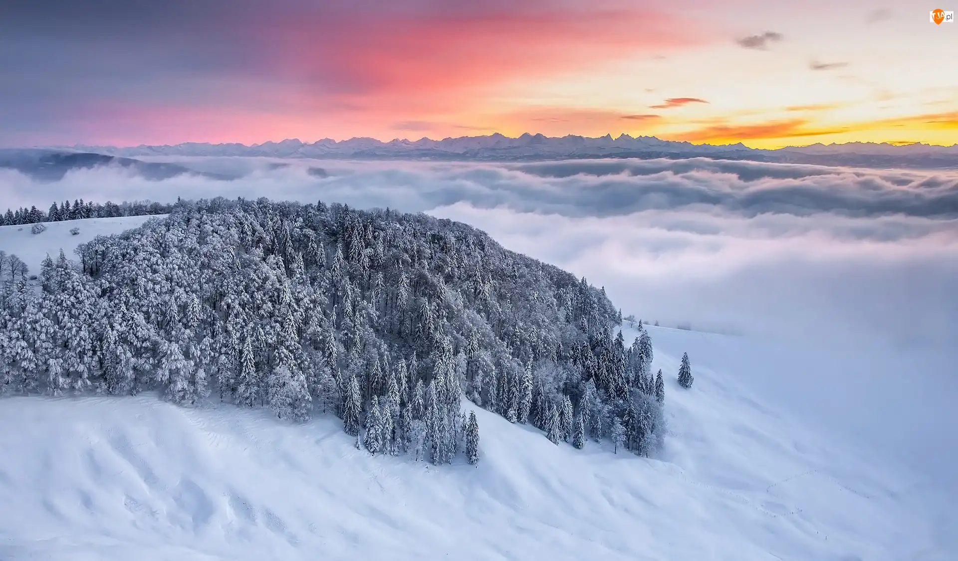 Góry, Zachód słońca, Drzewa, Zima, Jura Mountains