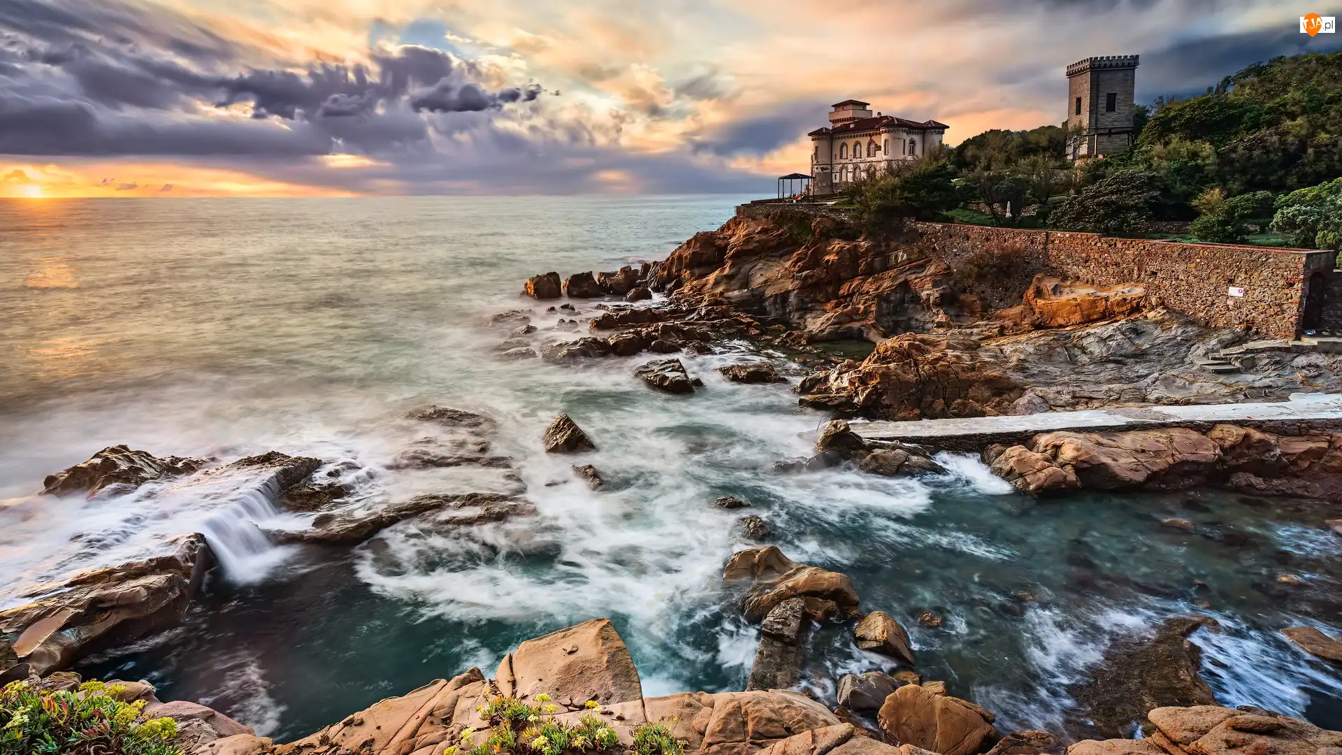 Livorno, Zamek Boccale, Morze, Toskania, Castello del Boccale, Skały, Włochy, Zachód słońca