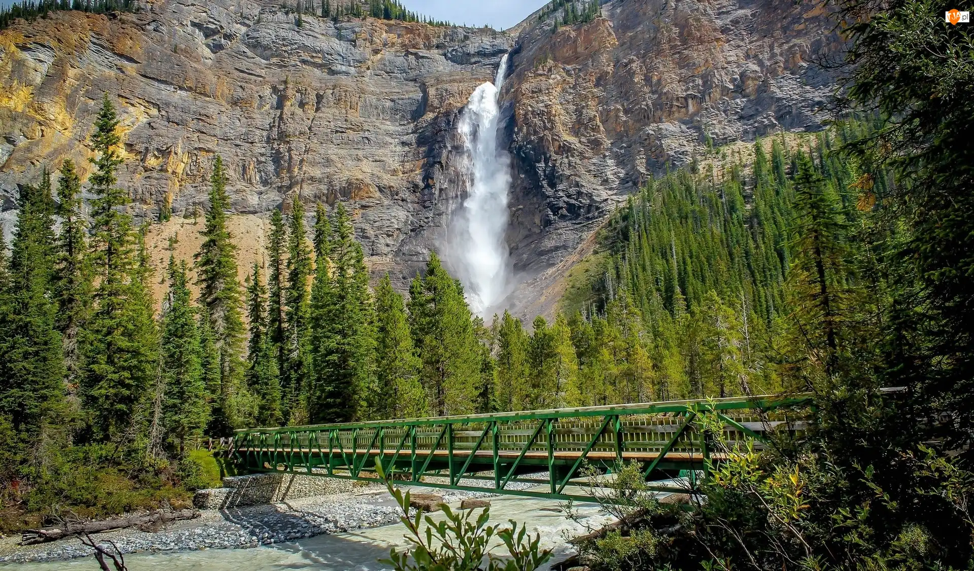 Wodospad Takakkaw Falls, Park Narodowy Yoho, Kanada, Góry, Prowincja Kolumbia Brytyjska, Rzeka Takakkaw, Most