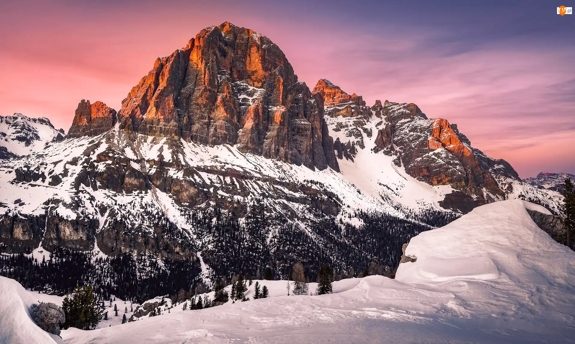 Dolomity, Włochy, Zima, Las, Prowincja Belluno, Góry Tofany, Drzewa, Gmina Cortina dAmpezzo