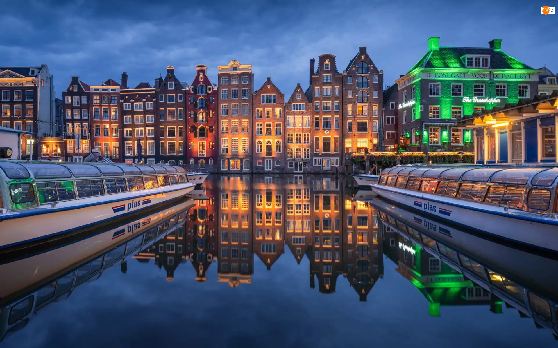 Domy, Kanał, Holandia, Odbicie, Amsterdam, Noc, Statki
