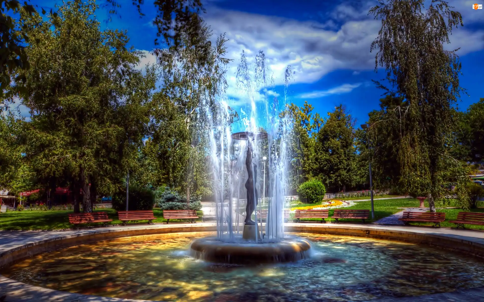 Światło, Fontanna, Obłoki, Park, Cień