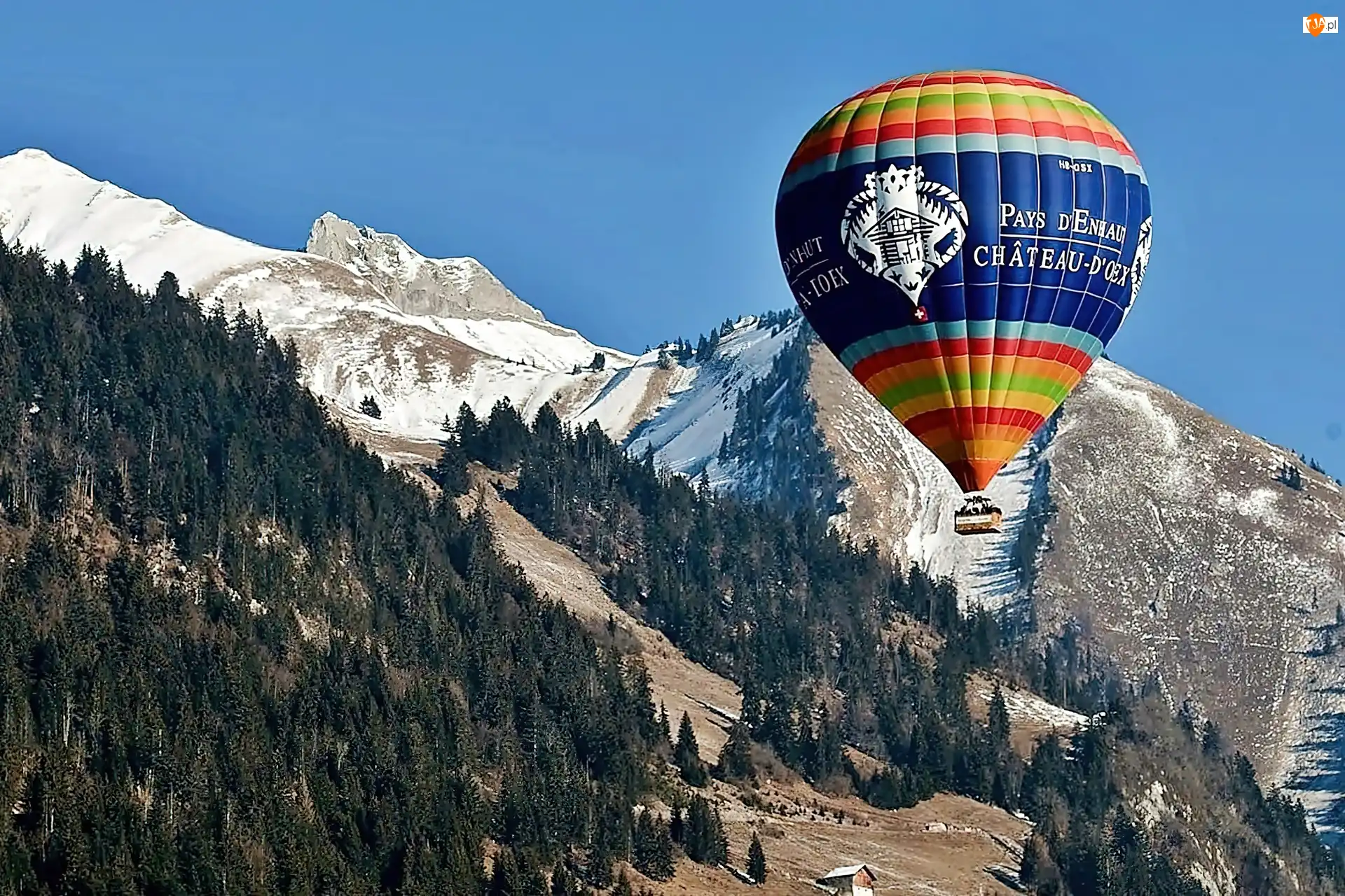 Ośnieżone, Góry, Las, Balon, Szczyty, Kolorowy
