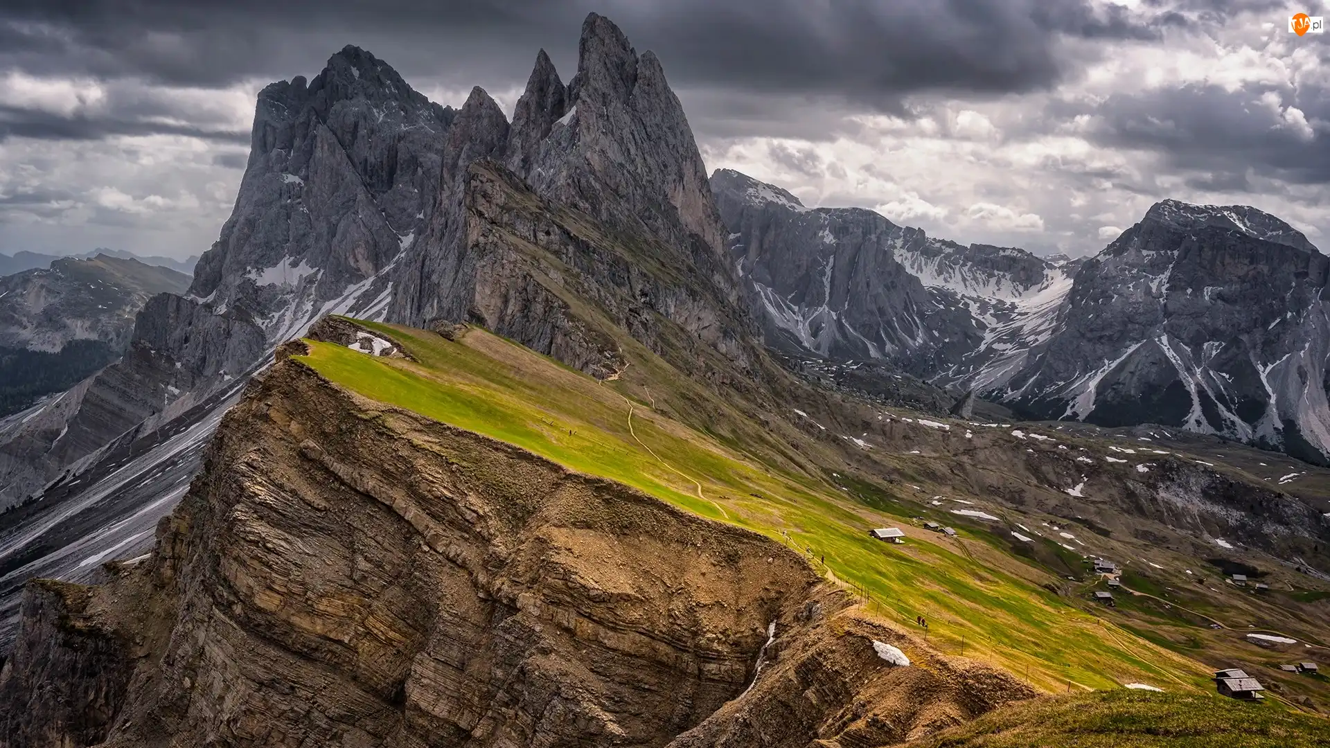 Południowy Tyrol, Włochy, Dolomity, Chmury, Góry, Szczyt Seceda