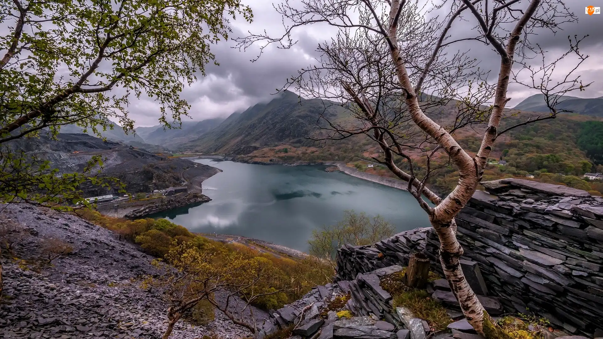 Park Narodowy Snowdonia, Walia, Jezioro Llyn Peris, Skały, Góry, Drzewa