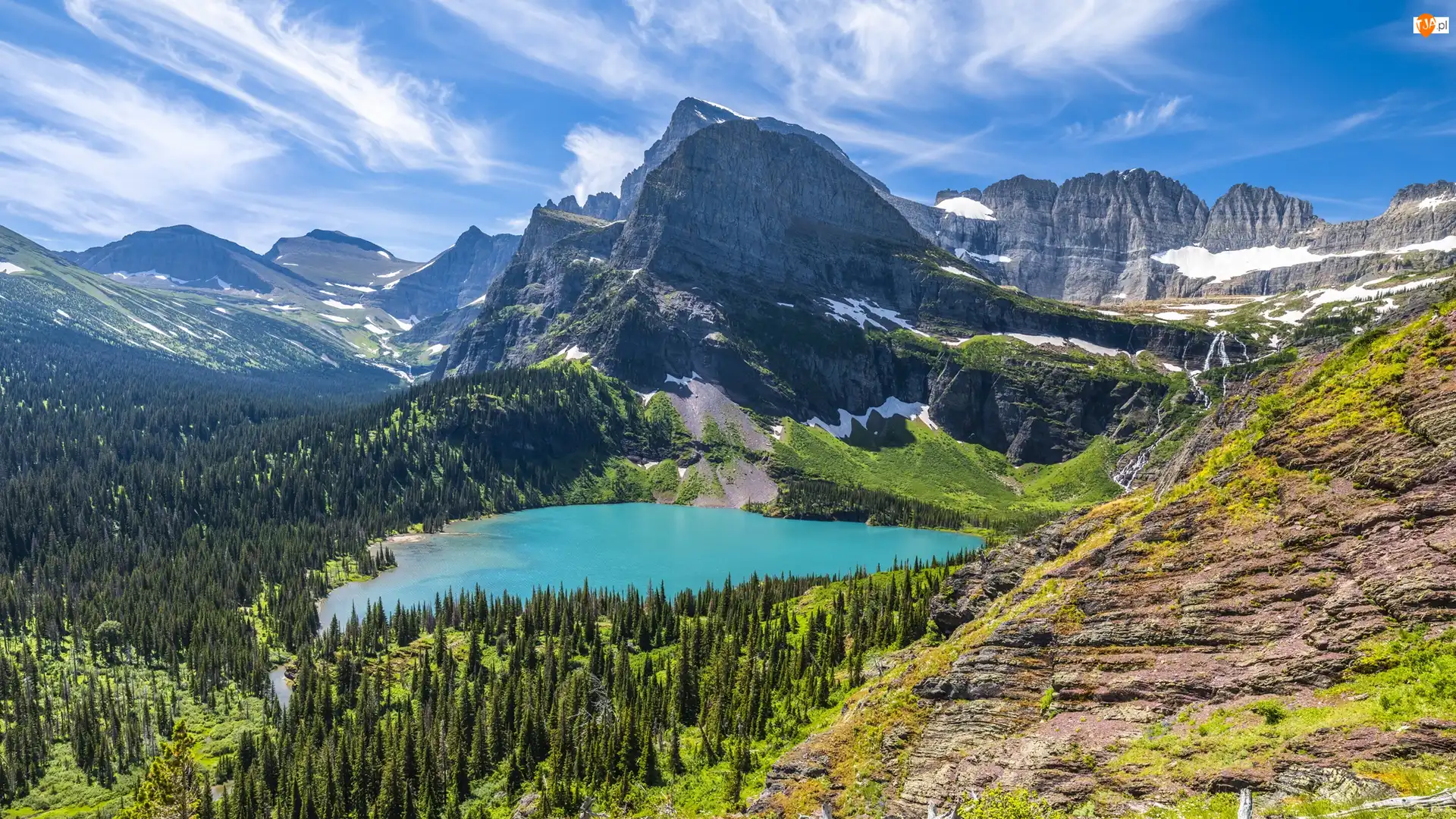 Skały, Jezioro, Góry, Stan Montana, Grinnell Lake, Drzewa, Stany Zjednoczone, Park Narodowy Glacier