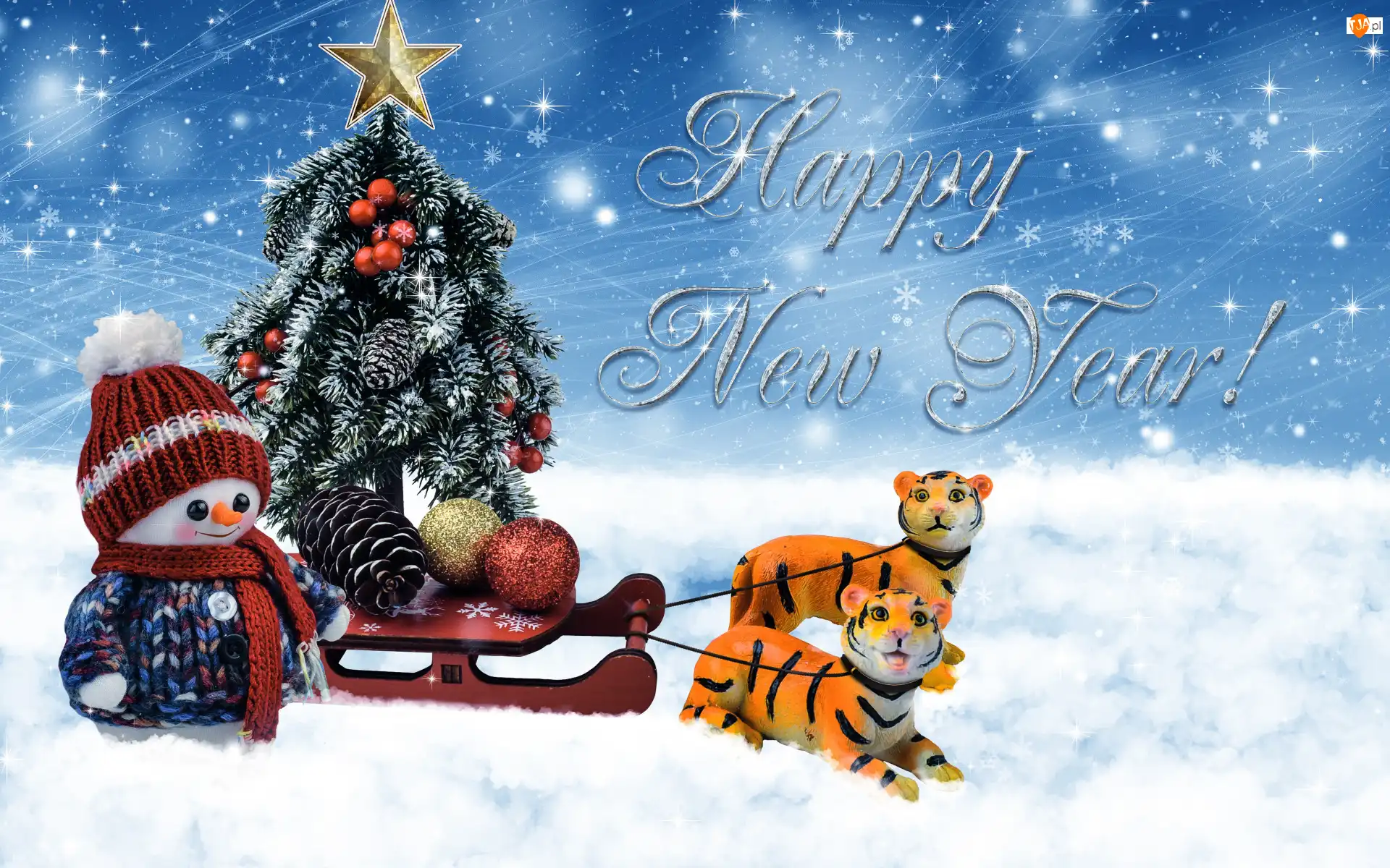 Bałwanek, Szyszka, Dwa, Bombki, Napis, Nowy Rok, Sanie, Happy New Year, Choinka, Tygrysy