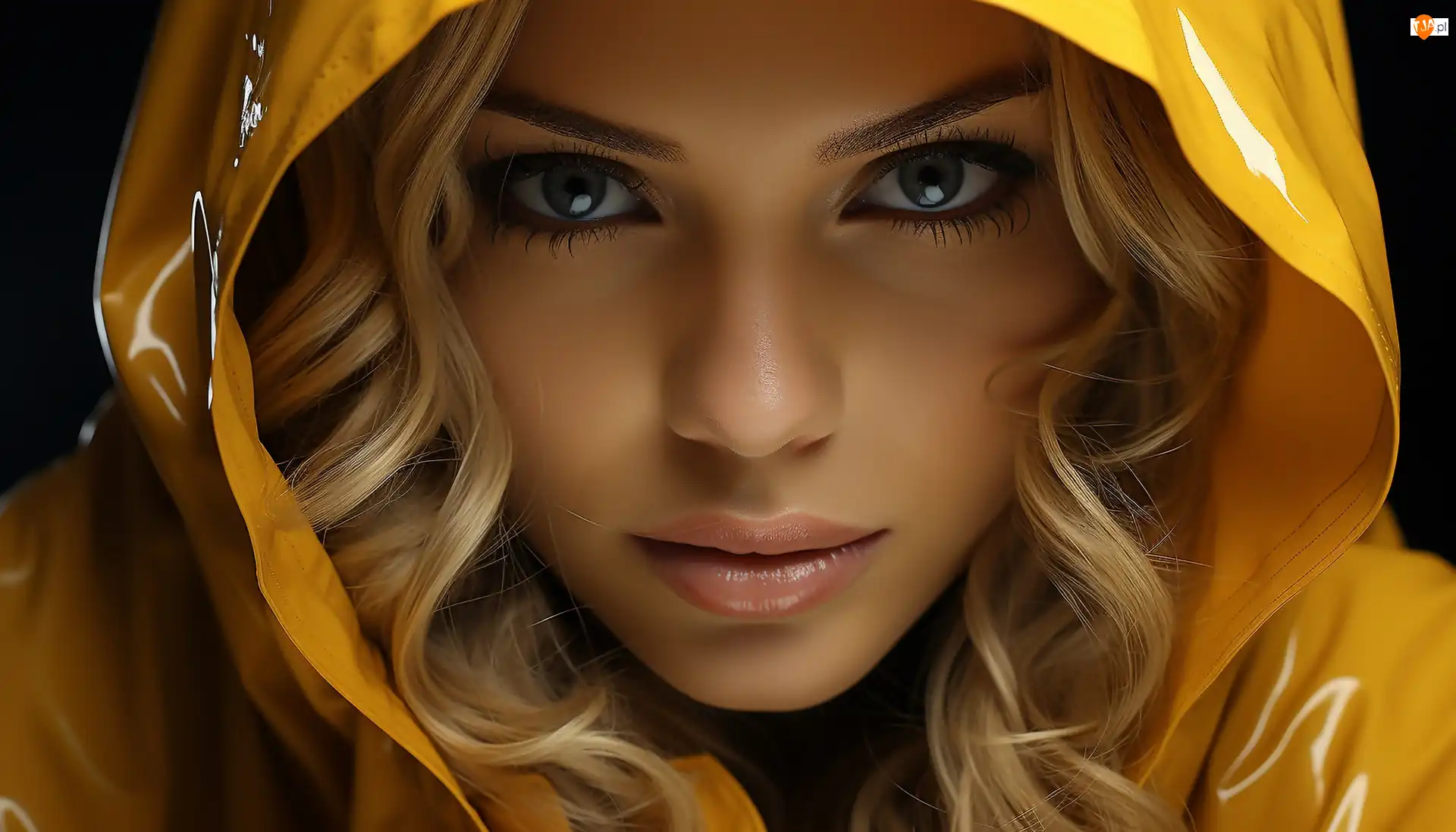 Blondynka, Dziewczyna, Kurtka, 2D, Błyszcząca, Kaptur