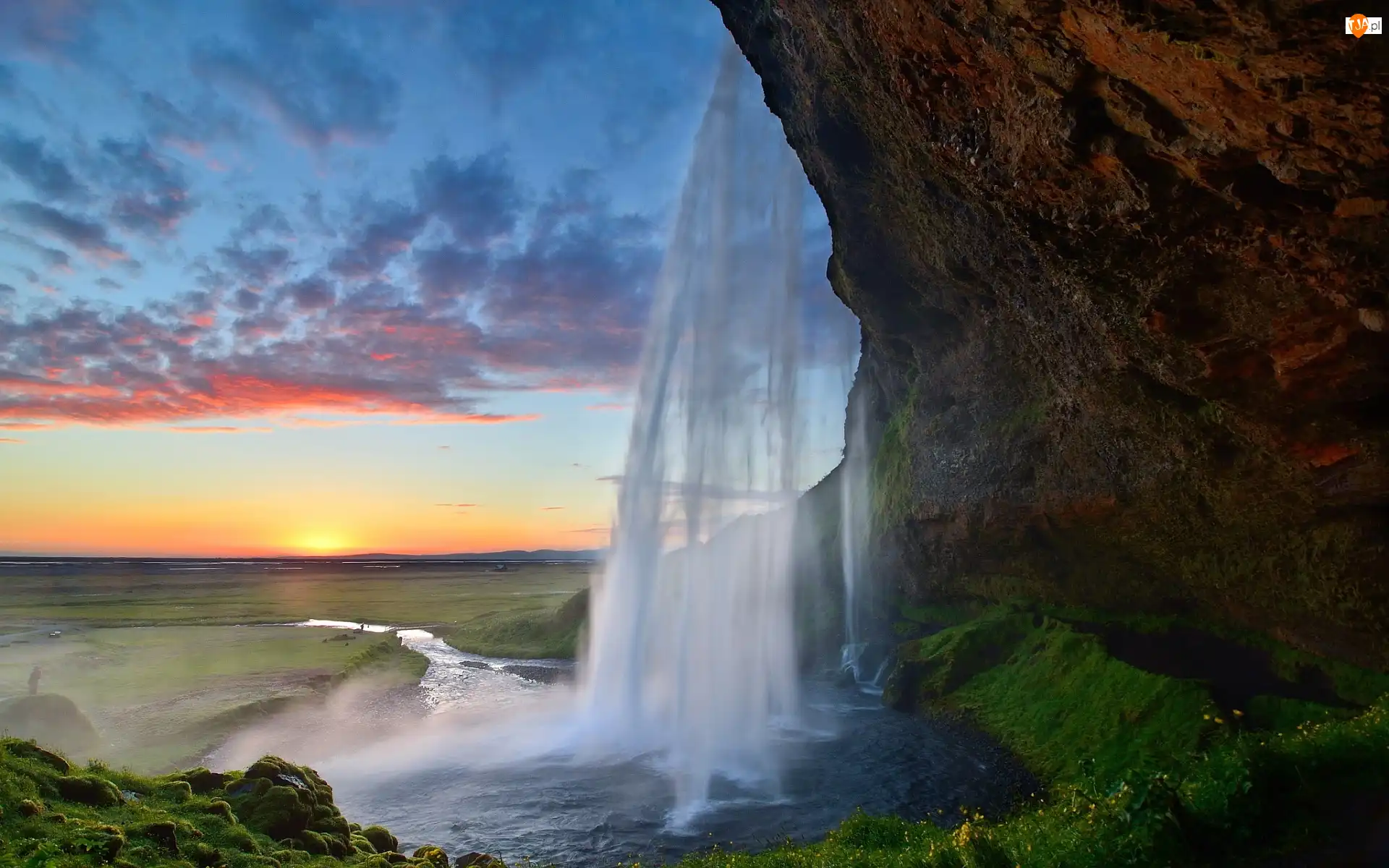 Słońca, Islandia, Wodospad, Zachód