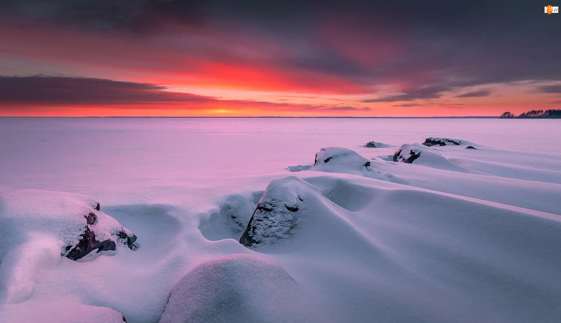 Zima, Finlandia, Jezioro, Śnieg, Północna Karelia, Zachód słońca, Skały, Joensuu