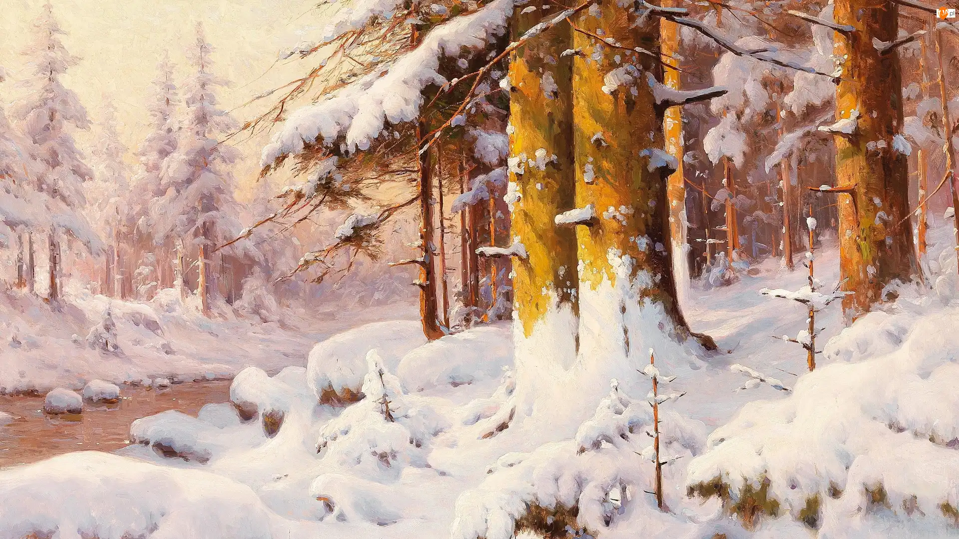 Ośnieżone, Malarstwo, Zima, Drzewa, Obraz, Las, Rzeka, Walter Moras