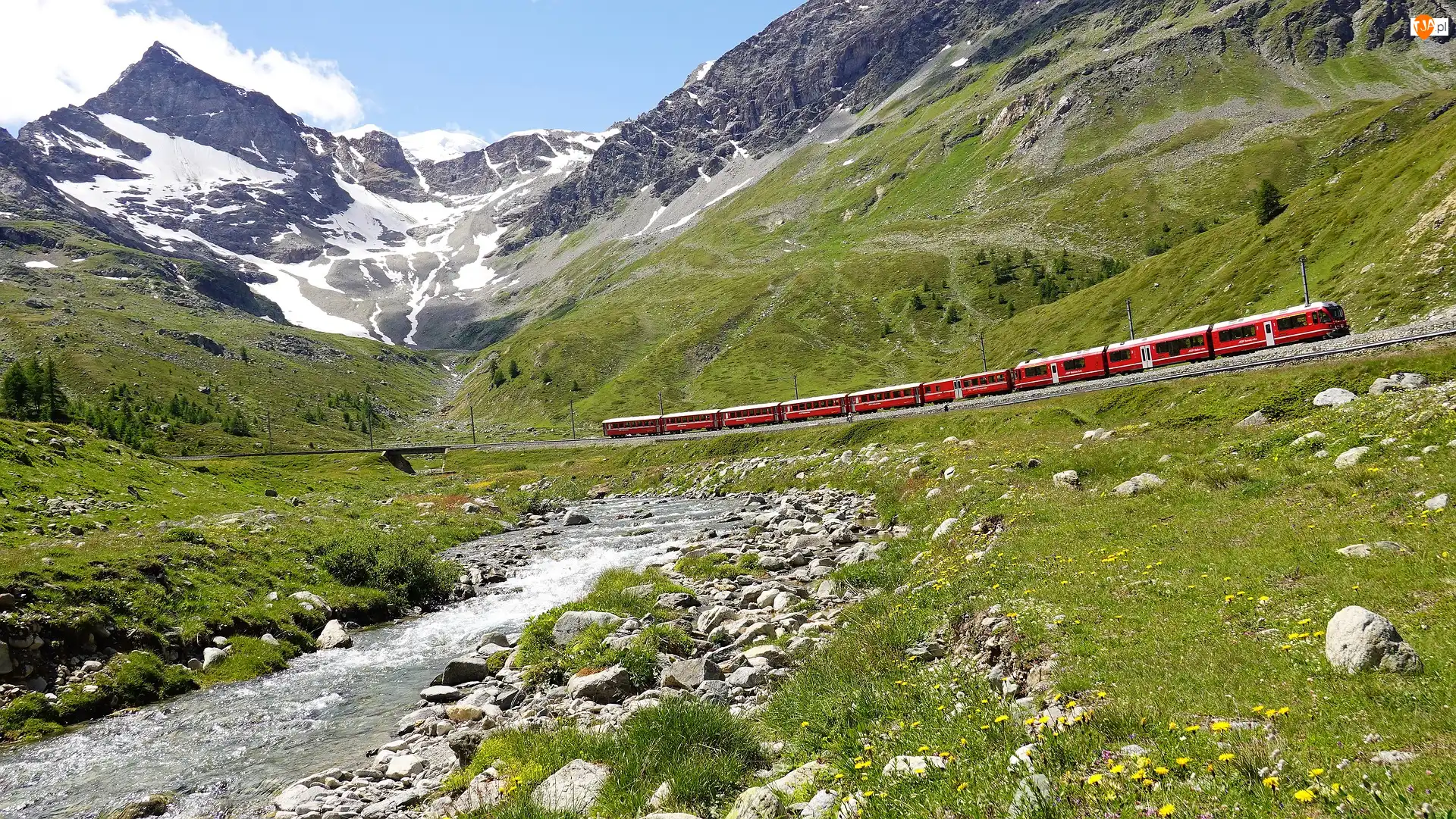 Dolina, Pociąg, Alpy Engadyńskie, Kanton Gryzonia, Bernina Express, Rzeka, Szwajcaria, Góry