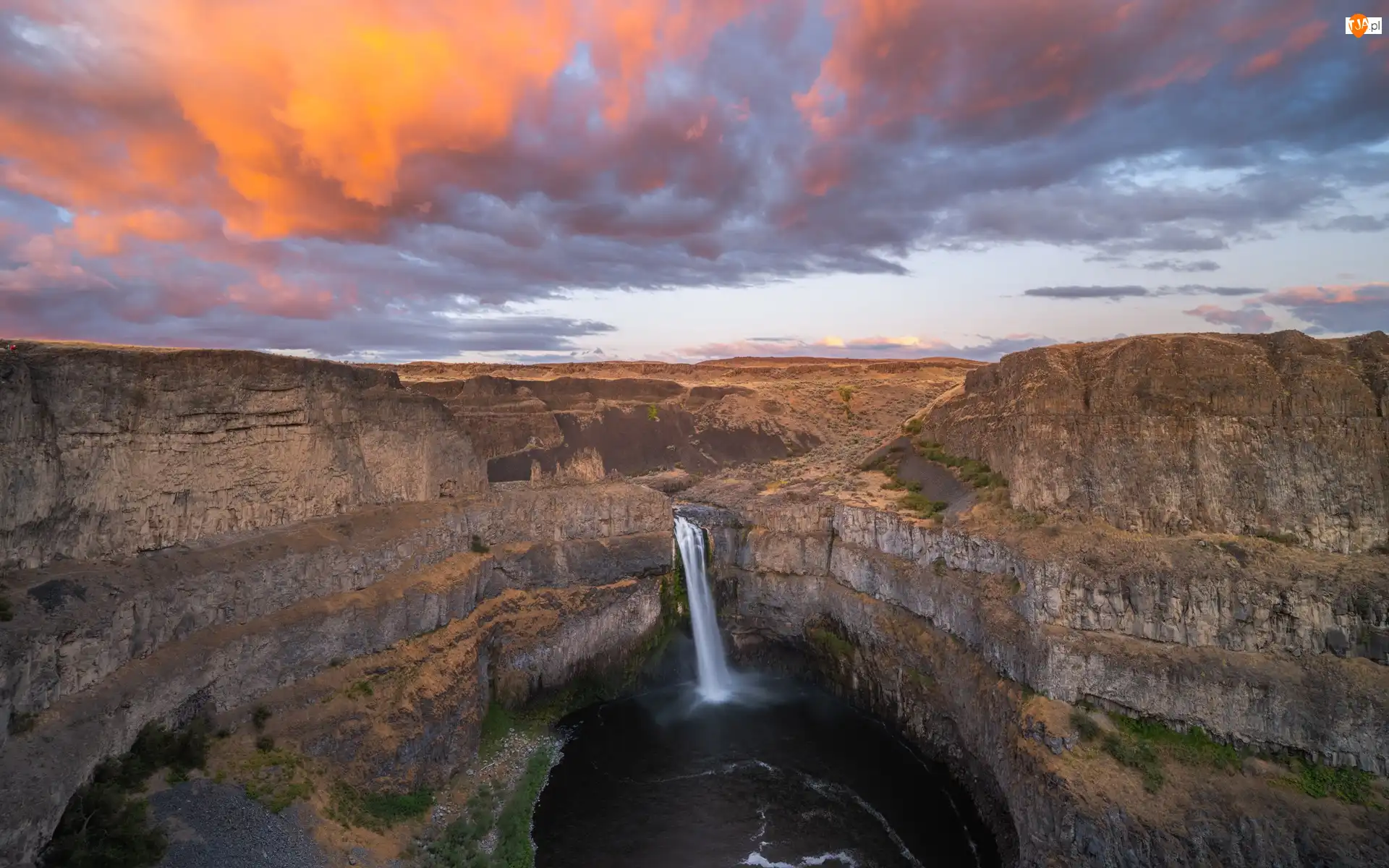 Stan Waszyngton, Skały, Chmury, Stany Zjednoczone, Rzeka, Palouse Falls, Wodospad