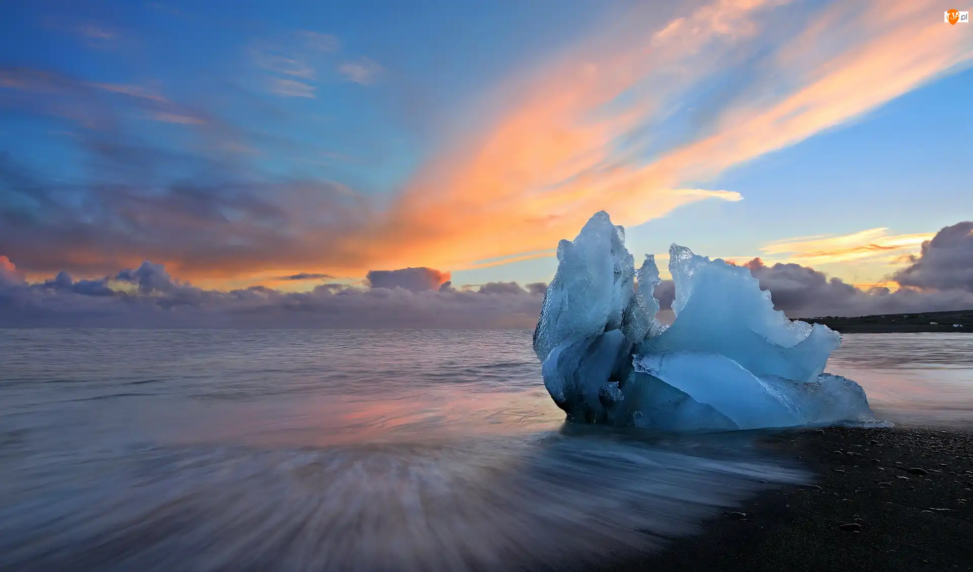 Bryła, Zachód słońca, Jezioro Jökulsárlón, Islandia, Lód