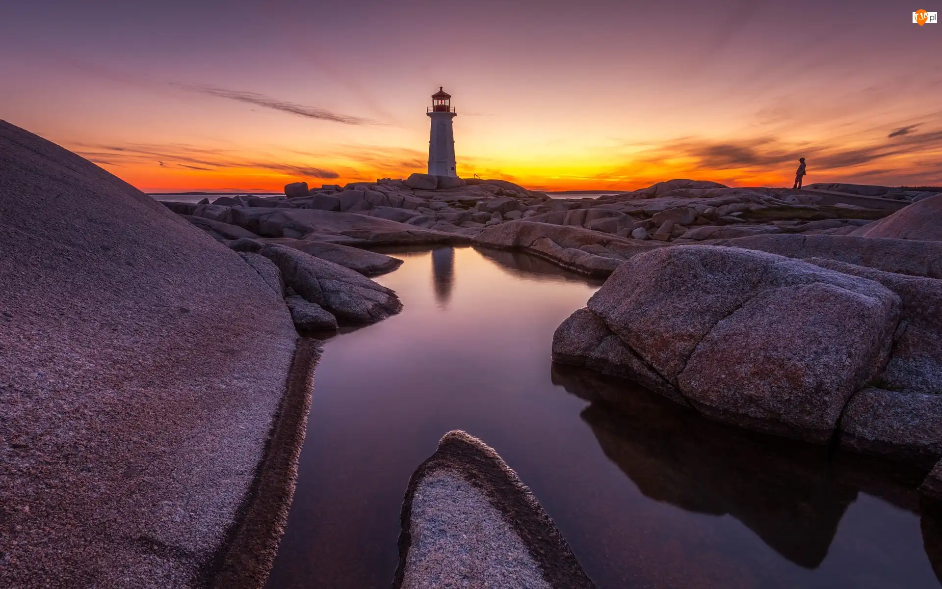 Peggys Cove, Skały, Kanada, Latarnia morska, Halifax, Zachód słońca, Człowiek