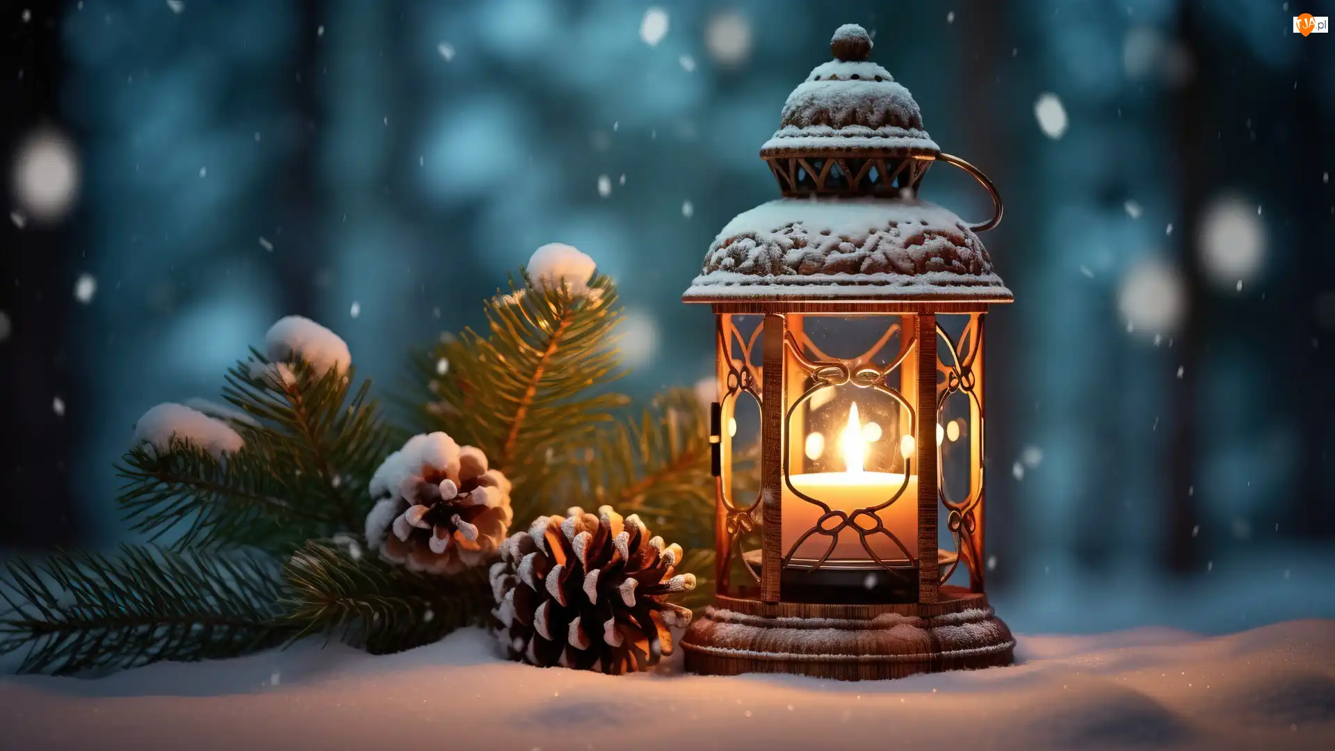 Świeca, Szyszki, Lampion, Zima, Śnieg