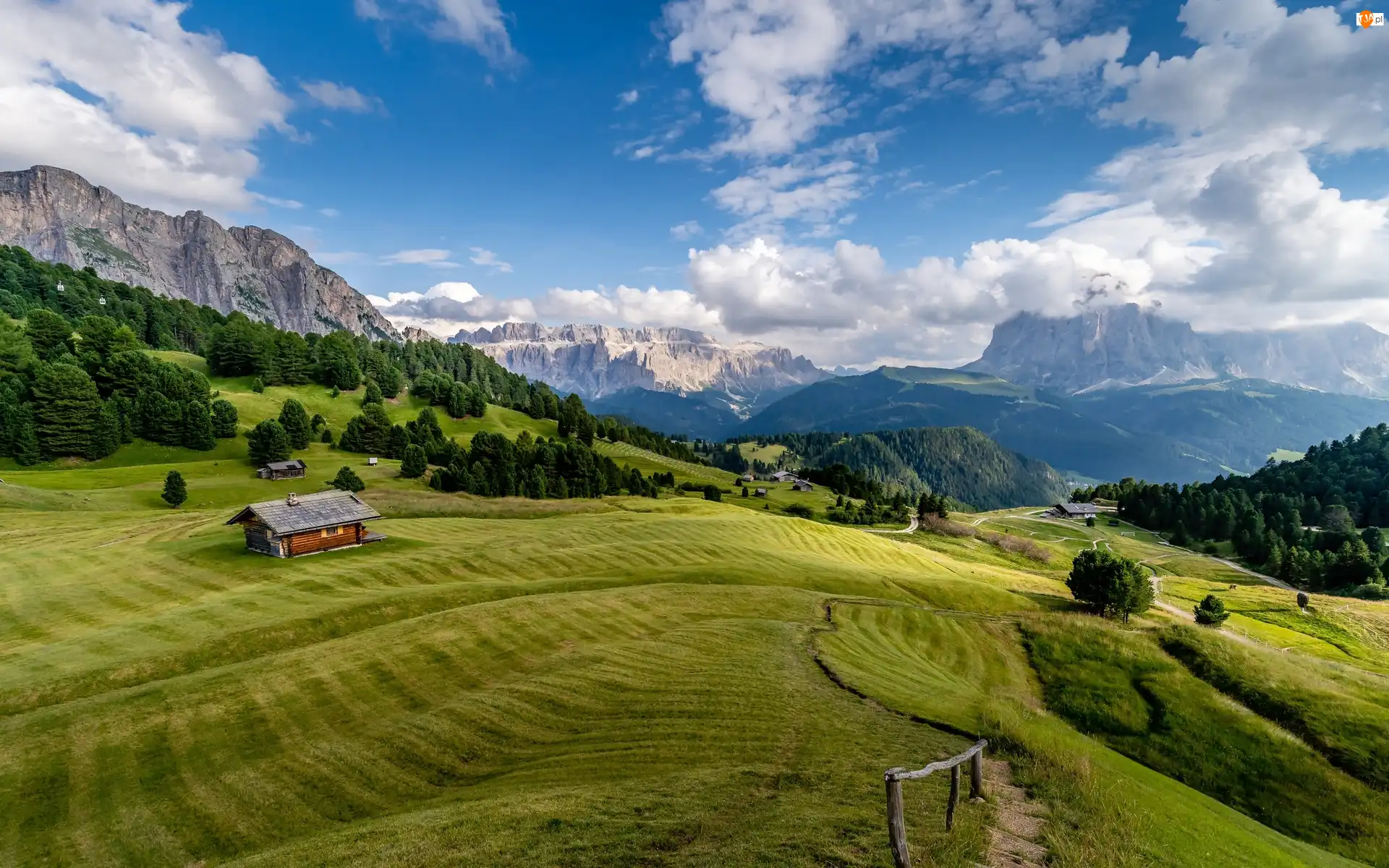 Lasy, Południowy Tyrol, Drzewa, Domy, Łąki, Góry, Dolomity, Włochy, Dolina Val Gardena