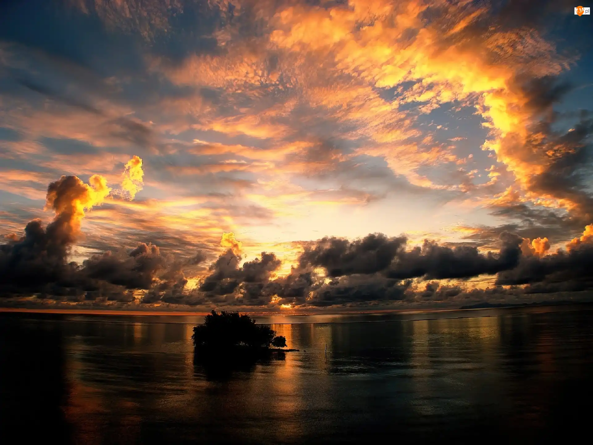 Wysepka, Ocean, Zachód, Tahiti, Chmury, Słońca