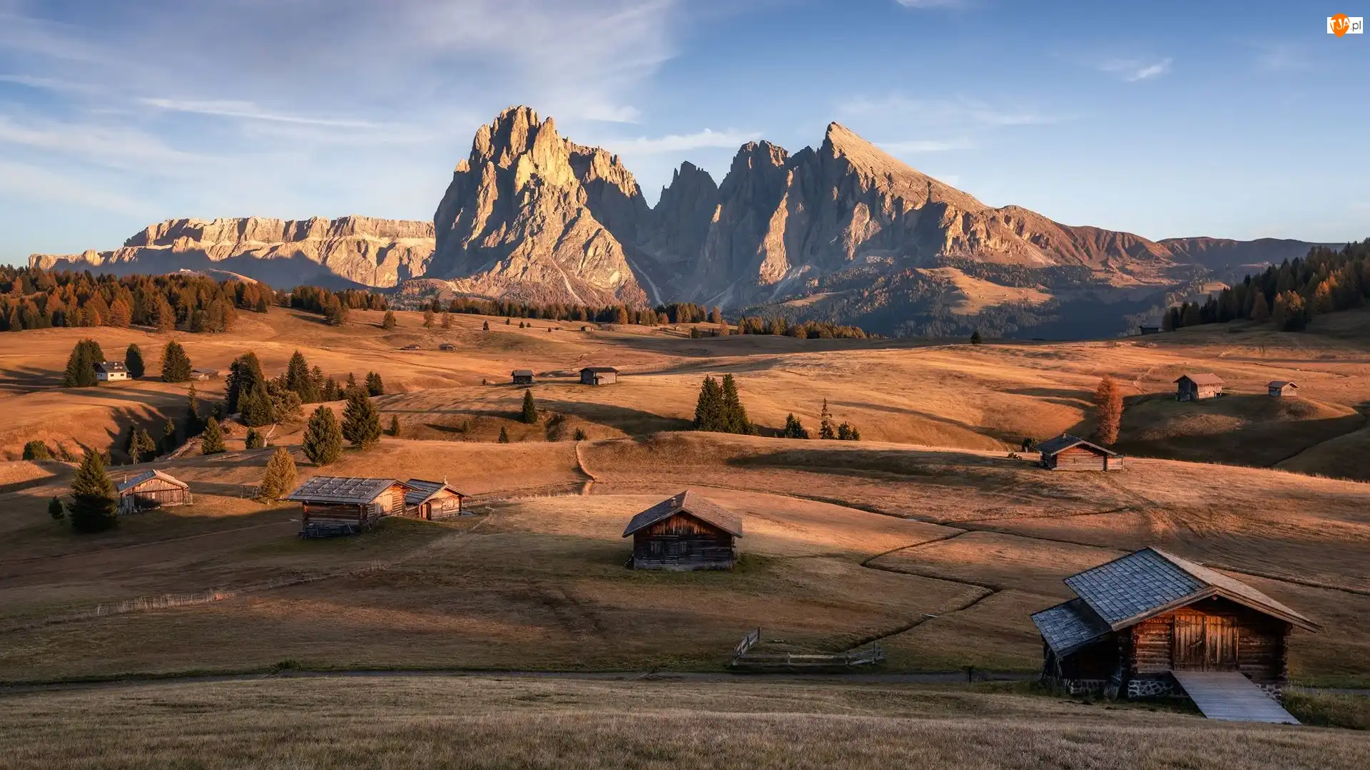 Włochy, Drzewa, Drewniane, Val Gardena, Góry, Dolomity, Płaskowyż Seiser Alm, Sassolungo, Dolina, Domy