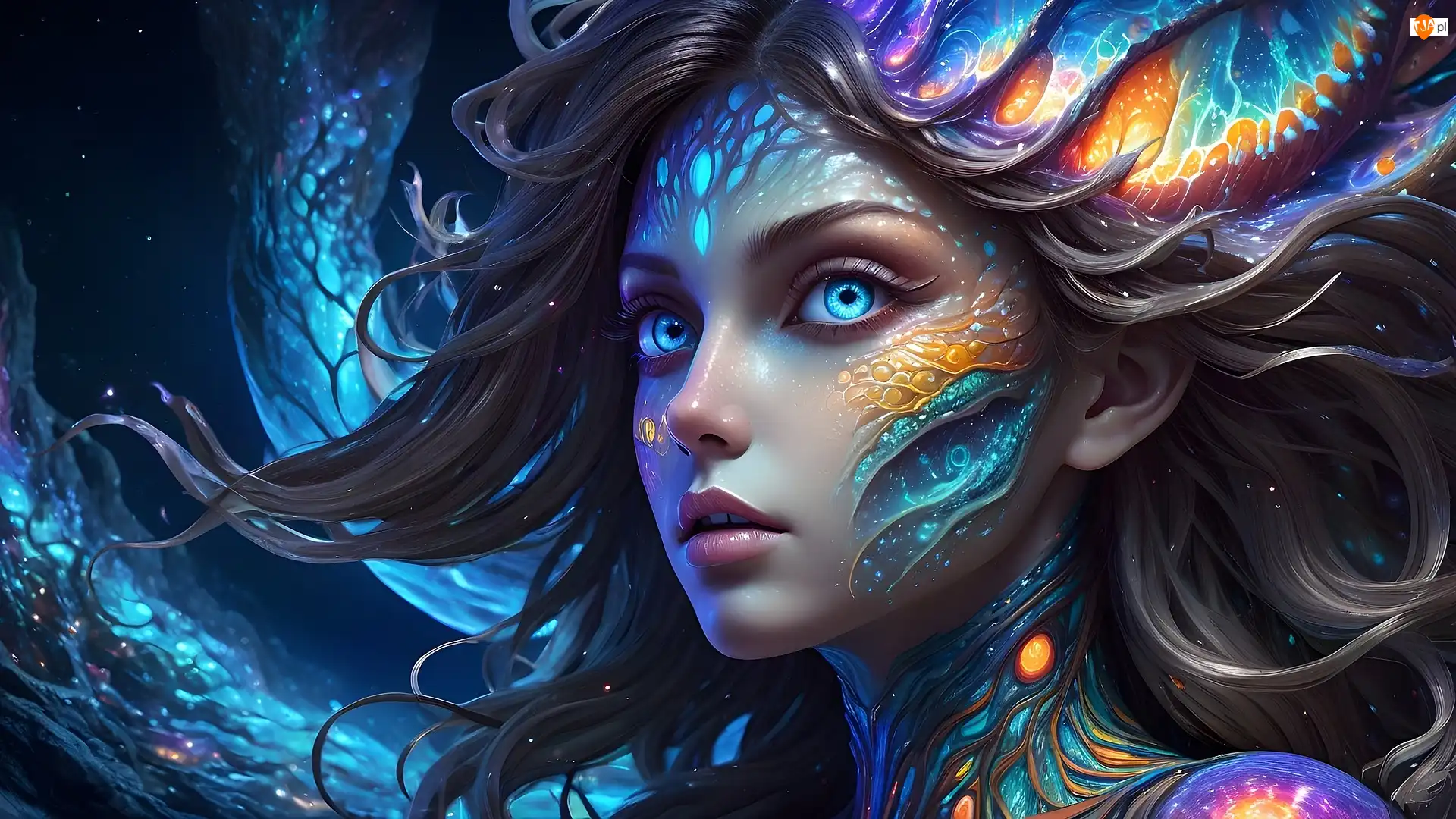 Niebieskie, Dziewczyna, Kolorowe, Fantasy, Oczy, Włosy