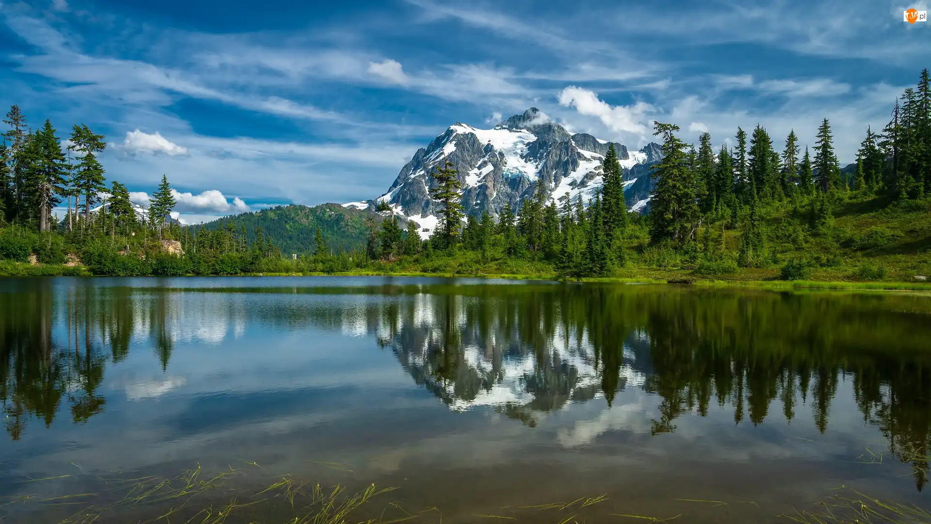 Stany Zjednoczone, Picture Lake, Park Narodowy Północnych Gór Kaskadowych, Jezioro, Góra, Góry, Las, Mount Shuksan, Drzewa, Stan Waszyngton