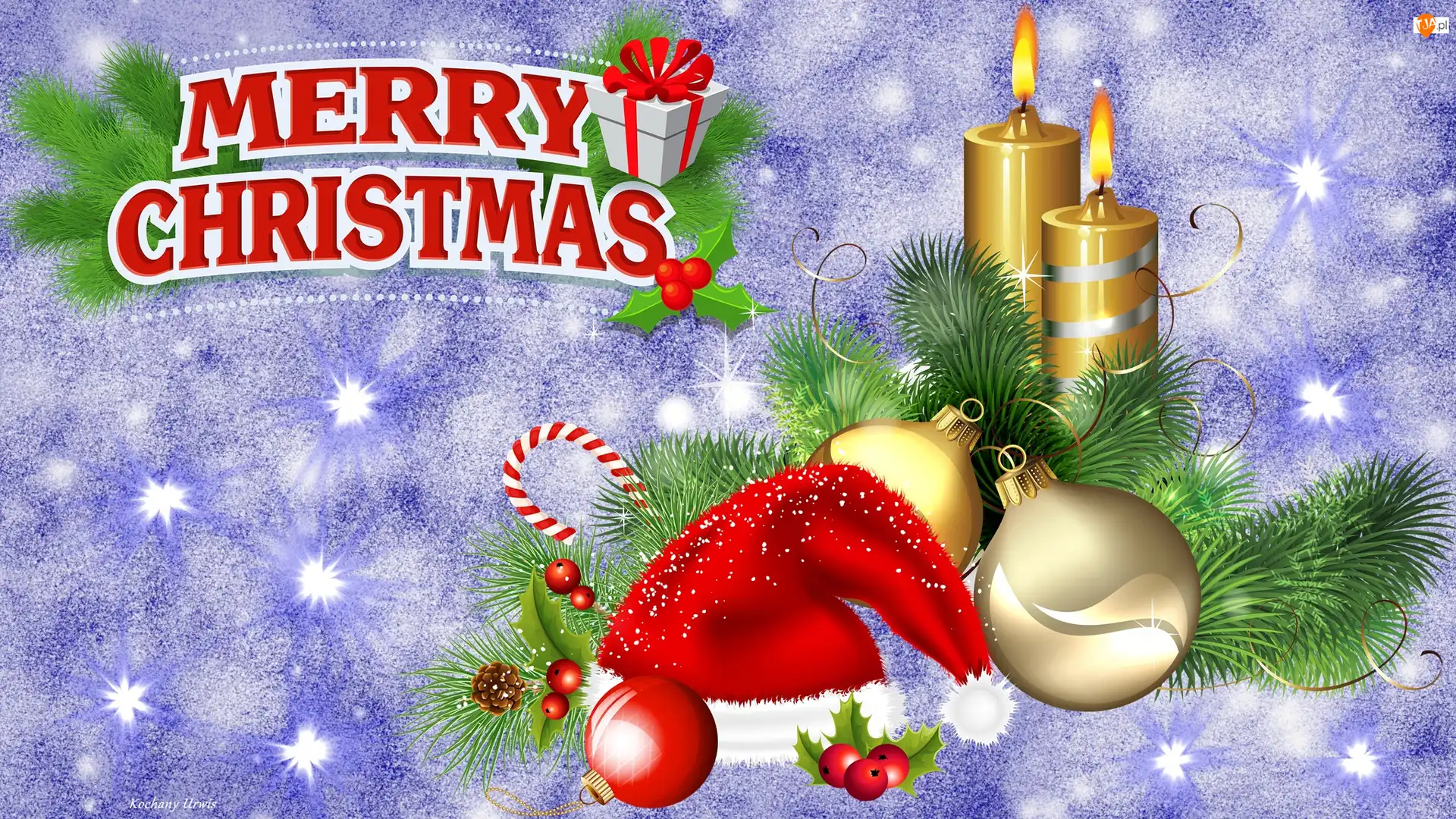 Merry Christmas, Stroik, Napis, Czapka, Mikołaja, Świece, Bombki, Boże Narodzenie, Gałązki