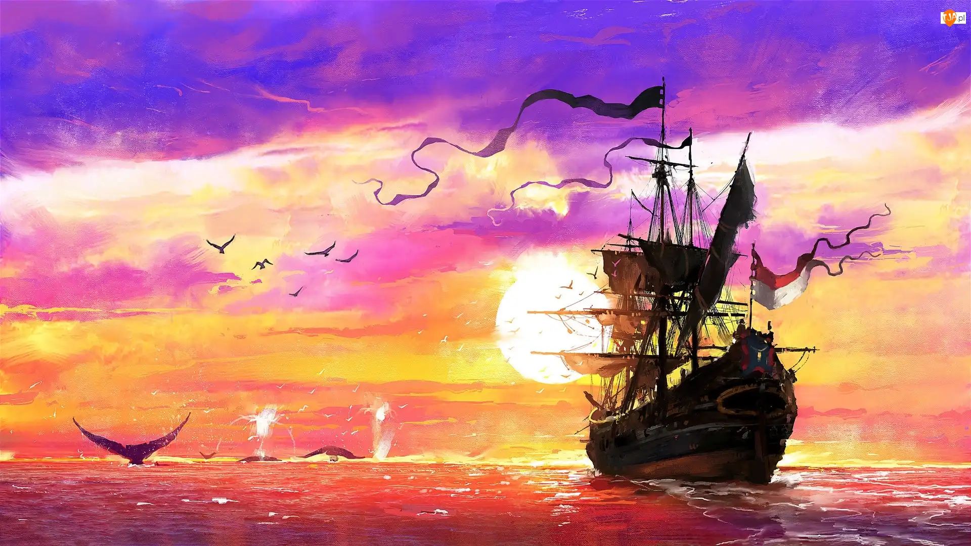 Statek, Okręt, Ptaki, Painting, Morze, Zachód słońca