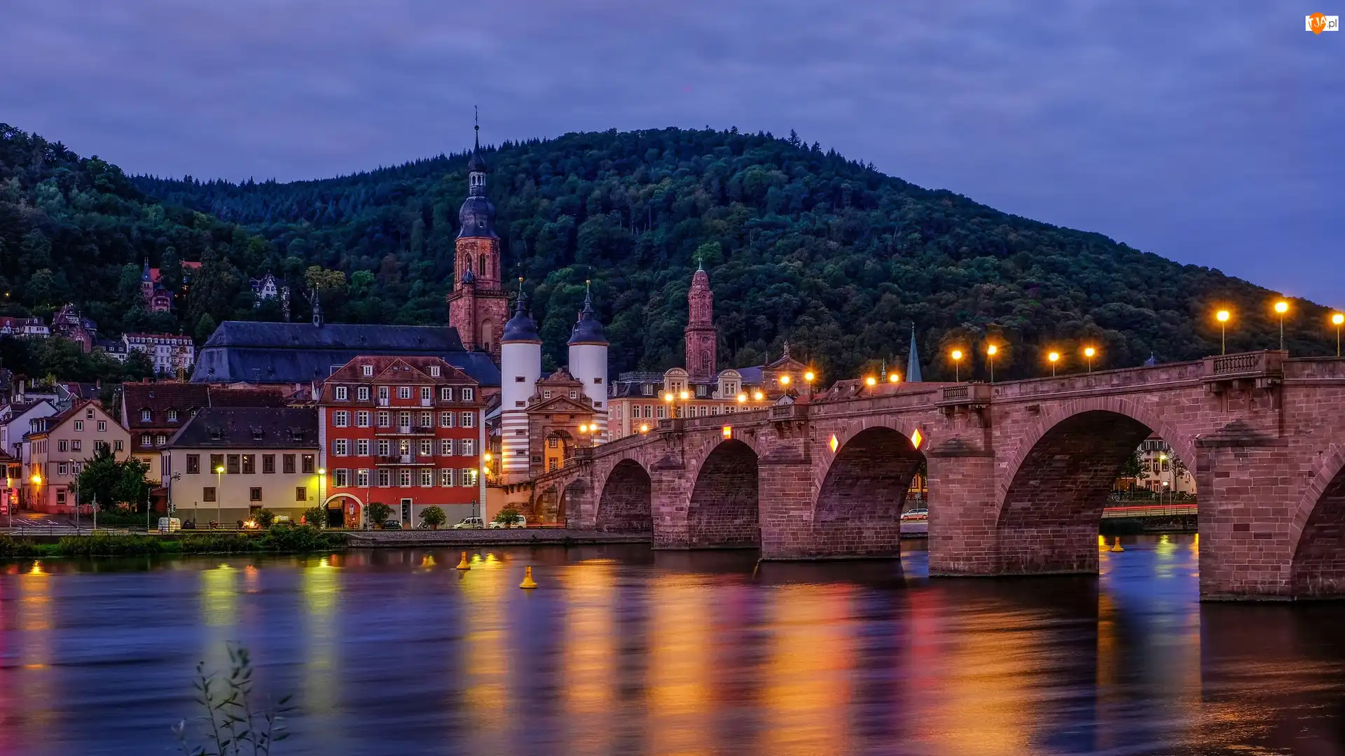 Heidelberg, Góra, Kościół, Niemcy, Domy, Most, Rzeka Neckar