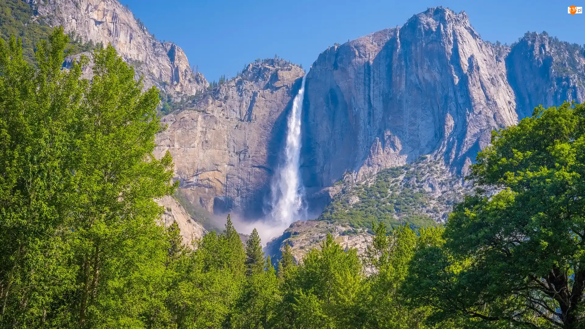 Kalifornia, Park Narodowy Yosemite, Góry, Wodospad, Stany Zjednoczone, Drzewa