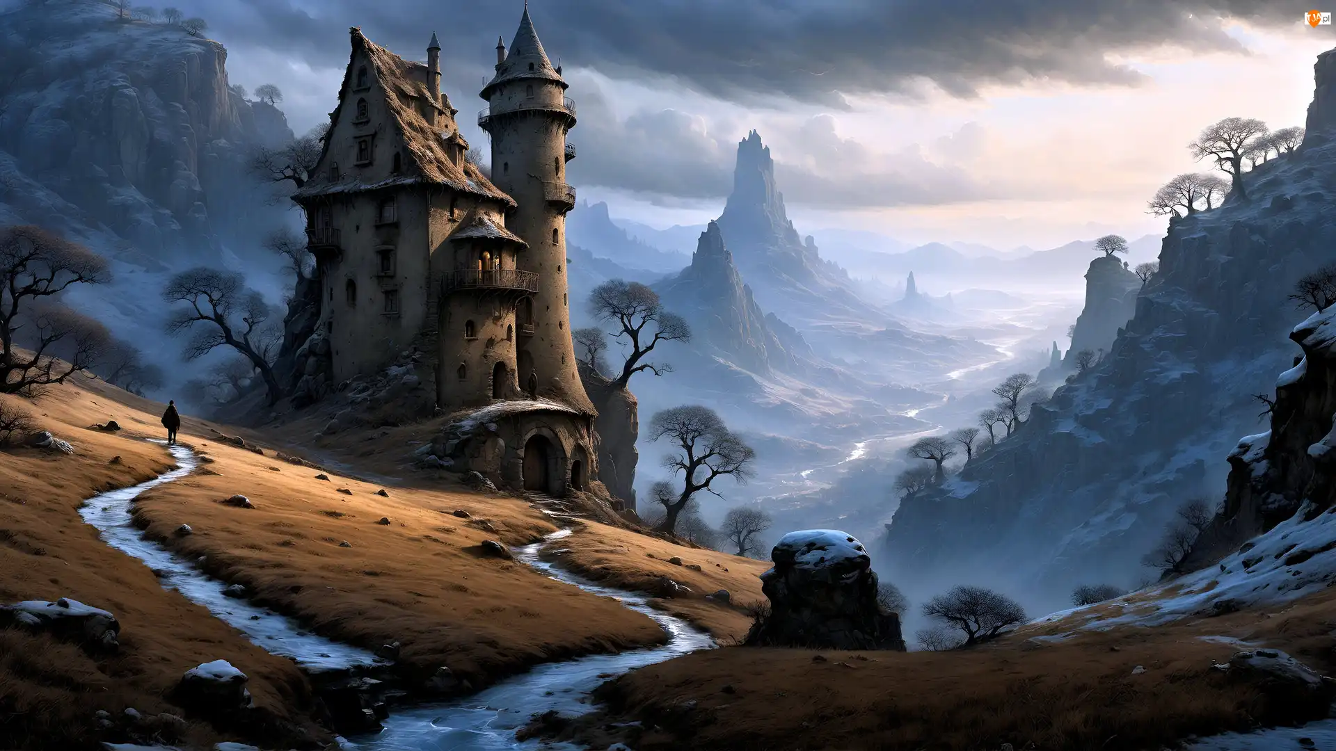 Fantasy, Wieża, Niebo, Śnieg, Drzewa, Droga, Góry, Dom, Skały
