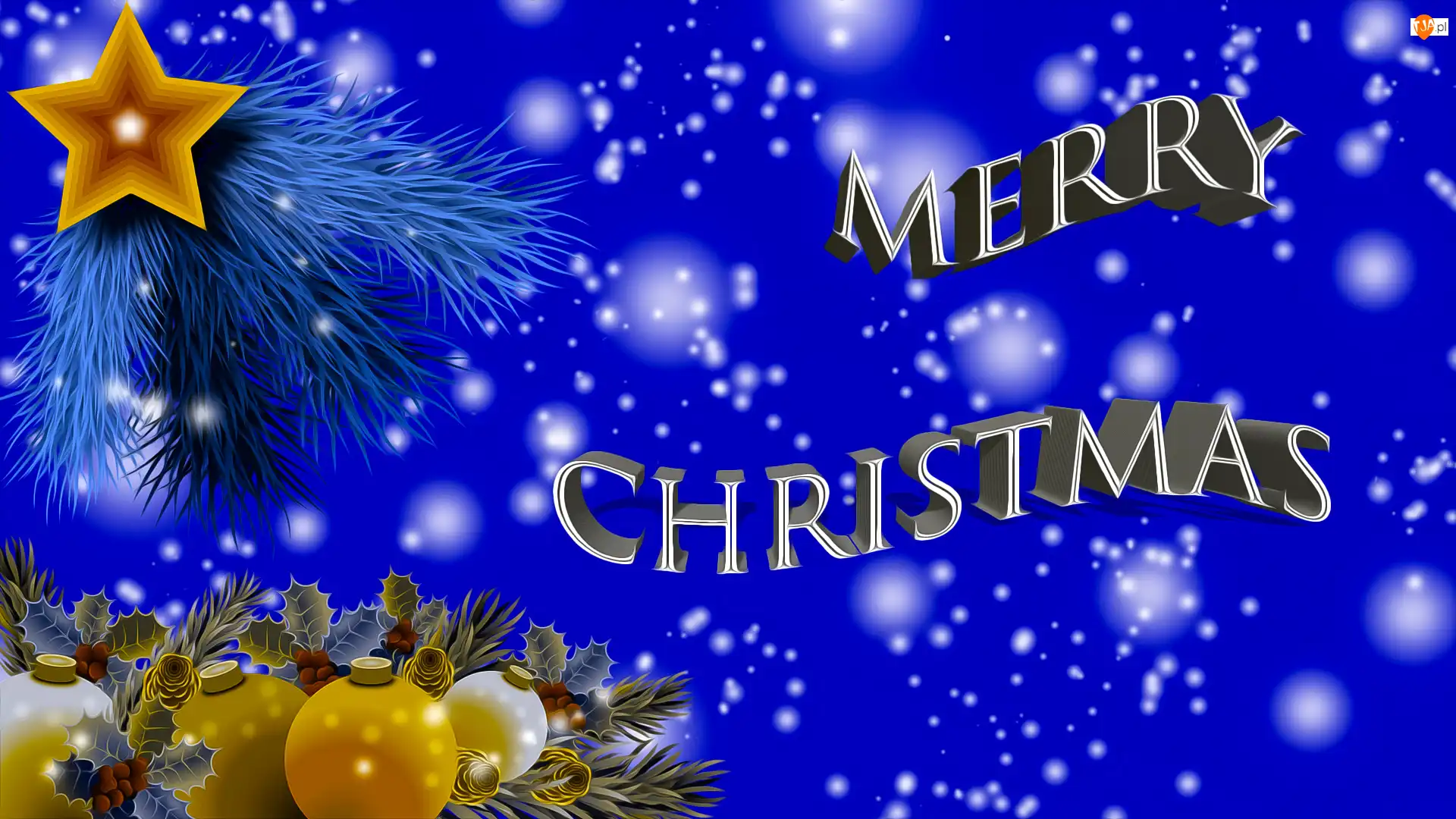 Merry Christmas, Napis, Grafika, Boże Narodzenie, Niebieskie tło, Bombki, Gwiazdka
