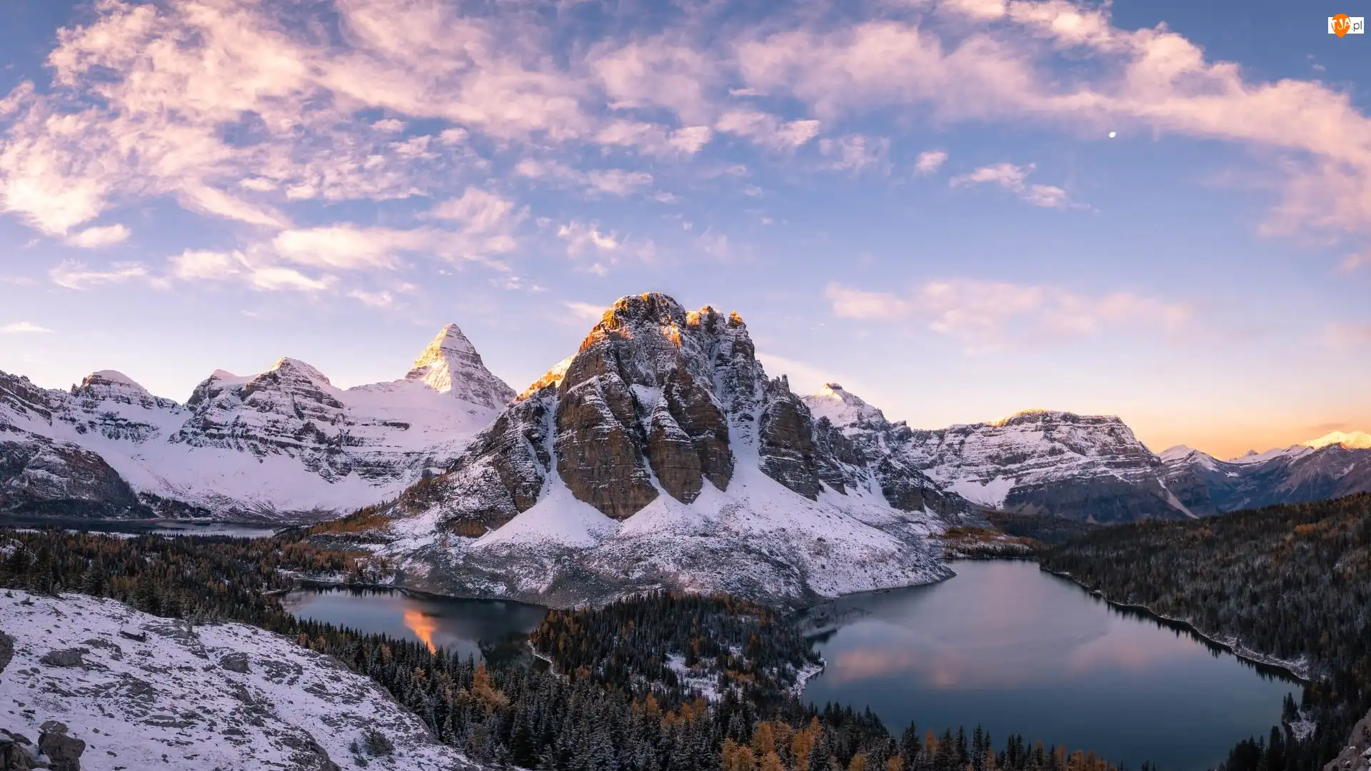 Kanada, Góra Mount Assiniboine, Kolumbia Brytyjska, Jeziora, Zima, Jezioro Cerulean, Jezioro Sunburst Lake, Park Prowincjonalny Mount Assiniboine, Góry