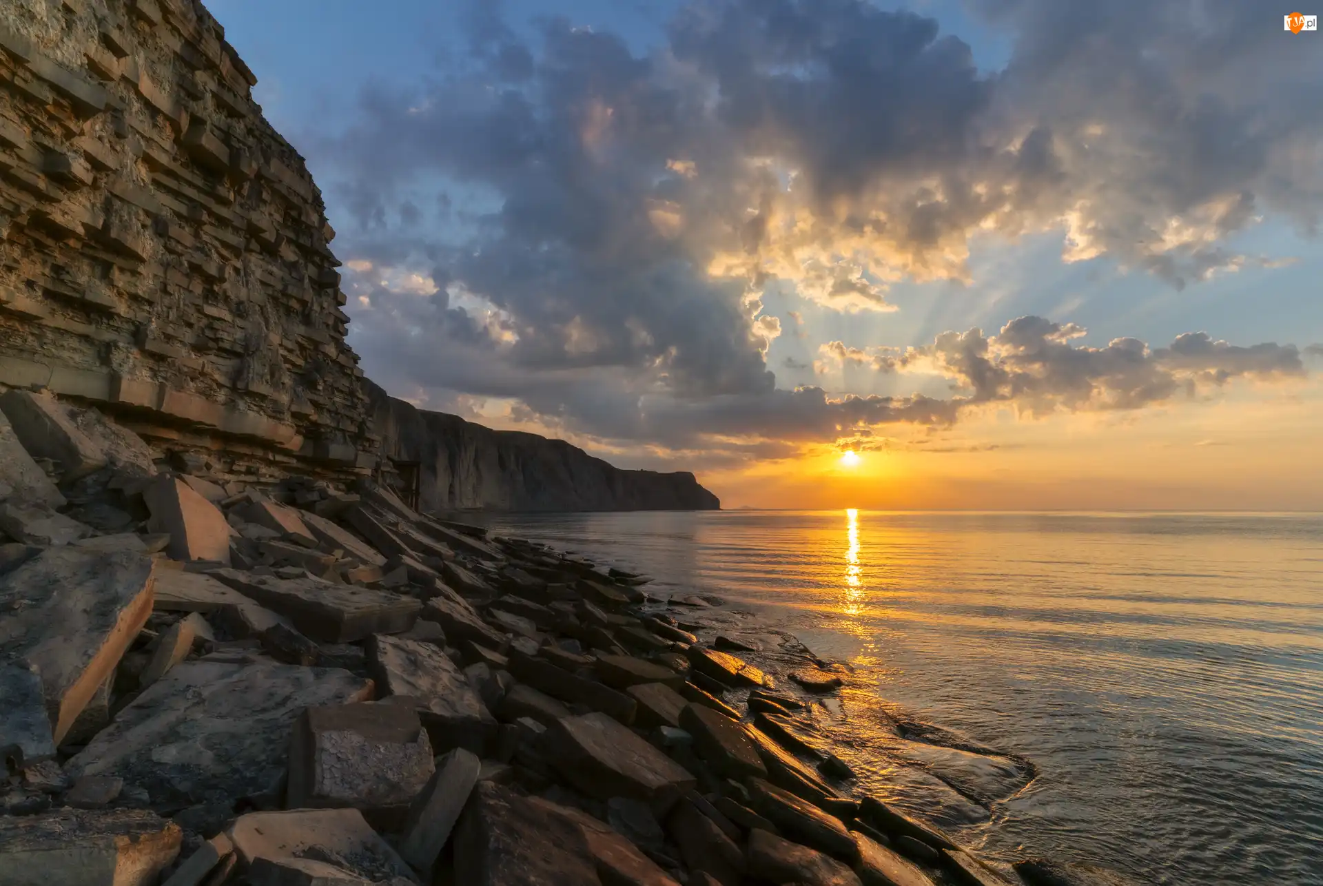 Klif, Zachód słońca, Skały, Wybrzeże, Morze