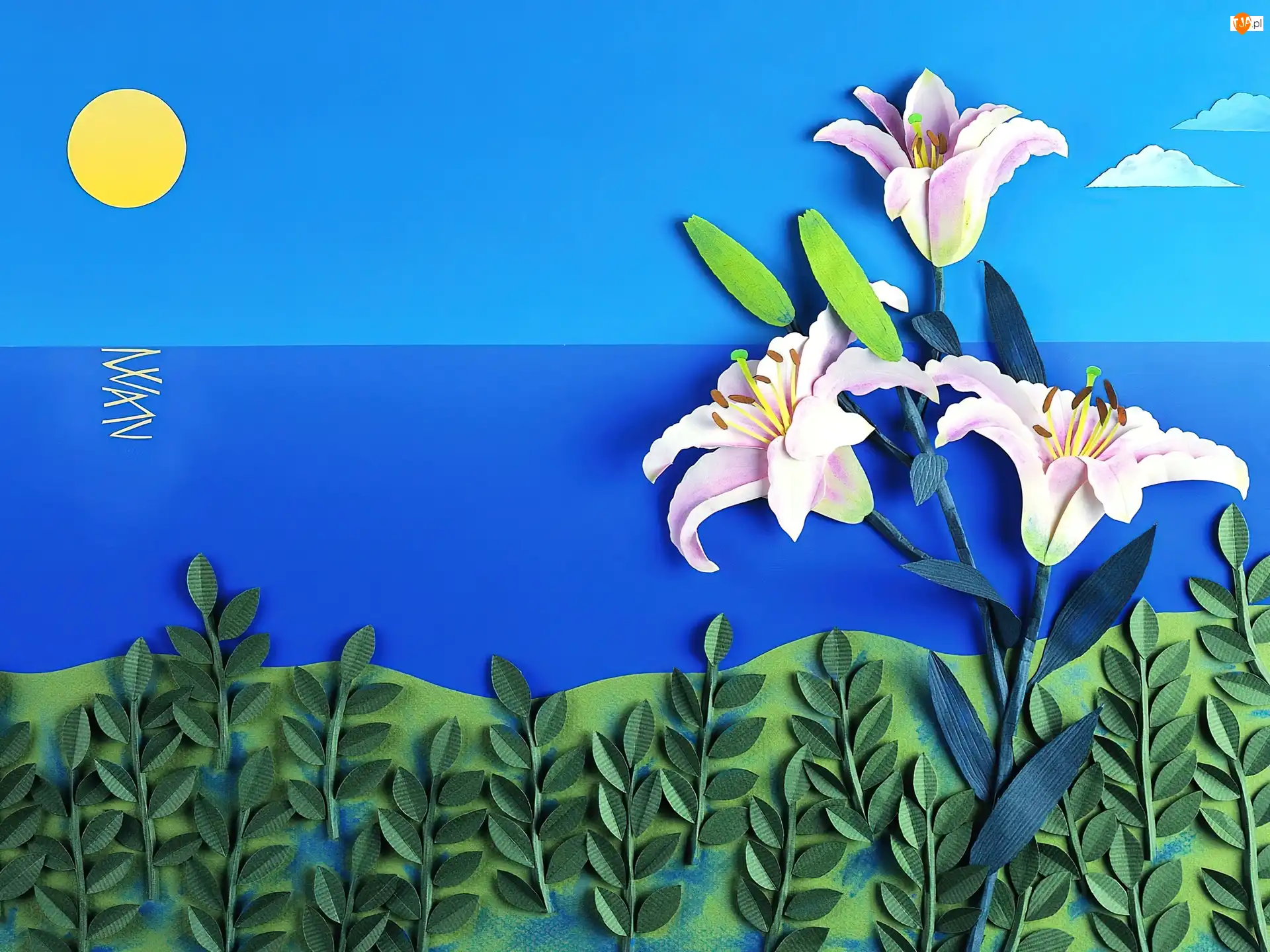 Papier Art, Krajobraz, Słońce, Lilie