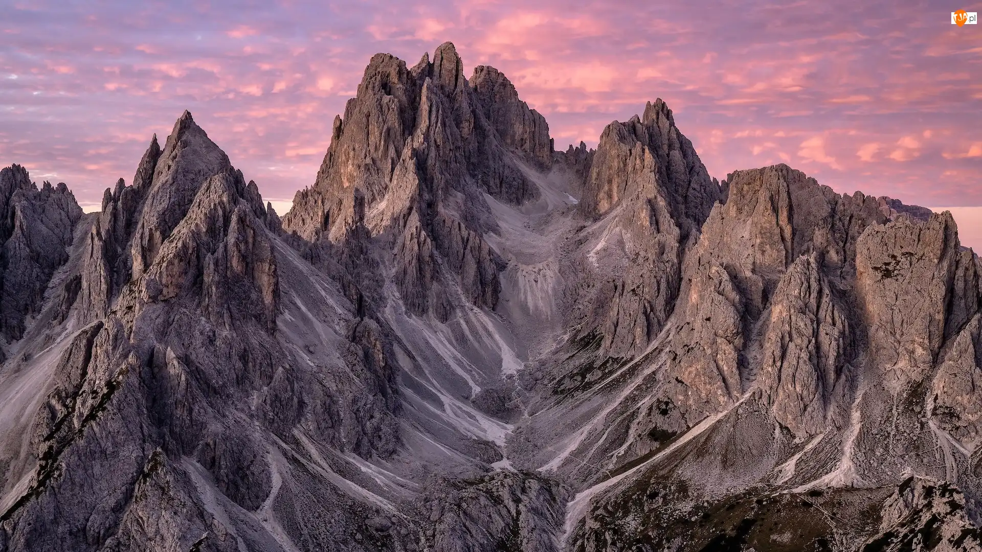 Góry Dolomity, Skały, Południowy Tyrol, Włochy, Wschód słońca