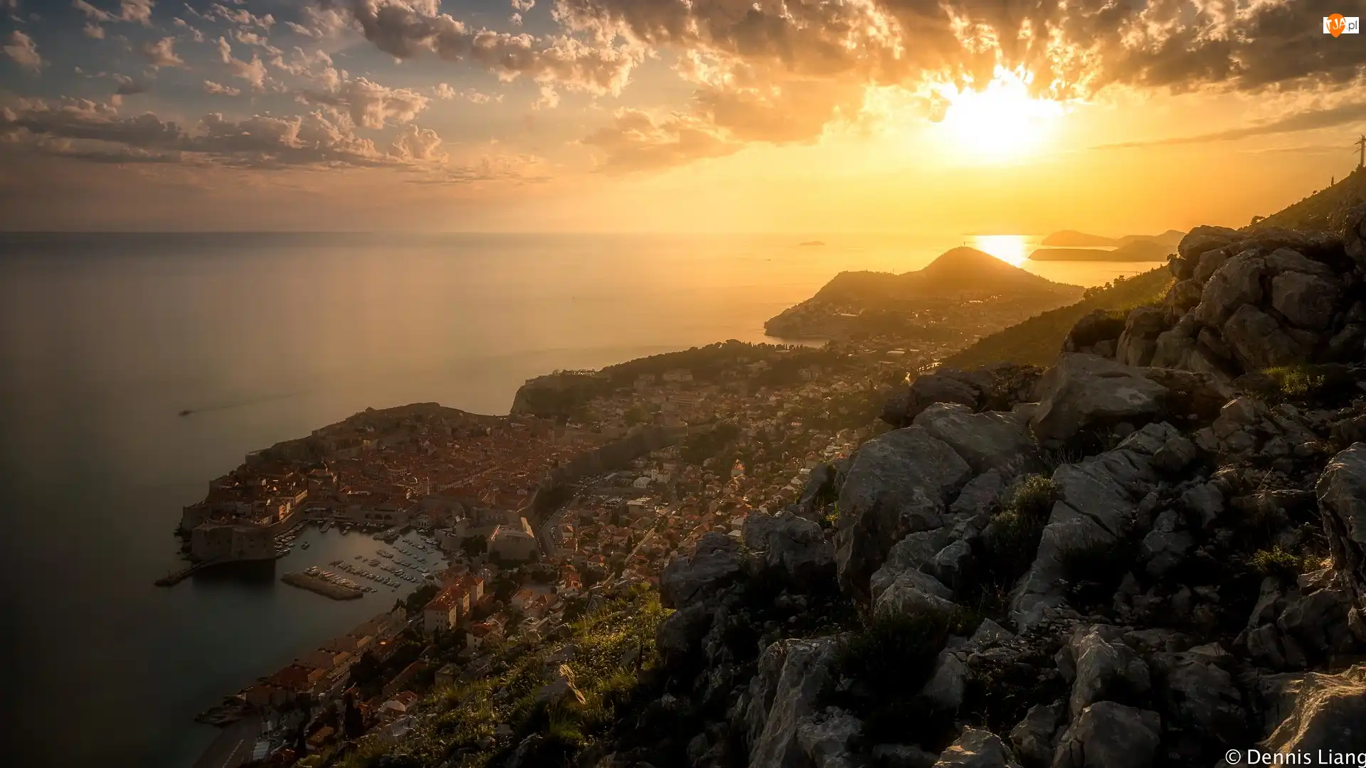 Morze Adriatyckie, Zachód słońca, Miasto, Chorwacja, Góry, Dubrownik