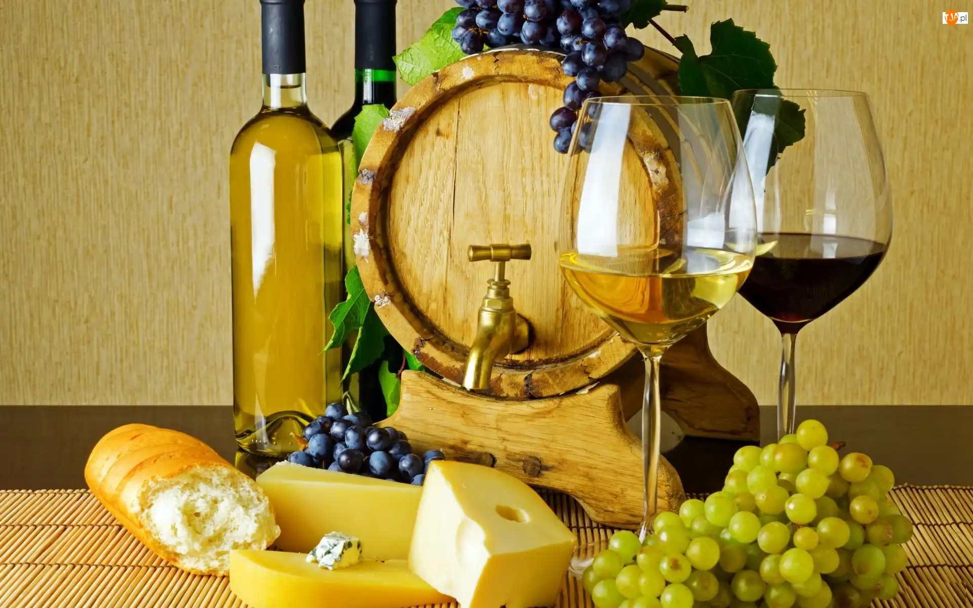 Kieliszki, Winogrona, Butelki, Baryłka, Wino