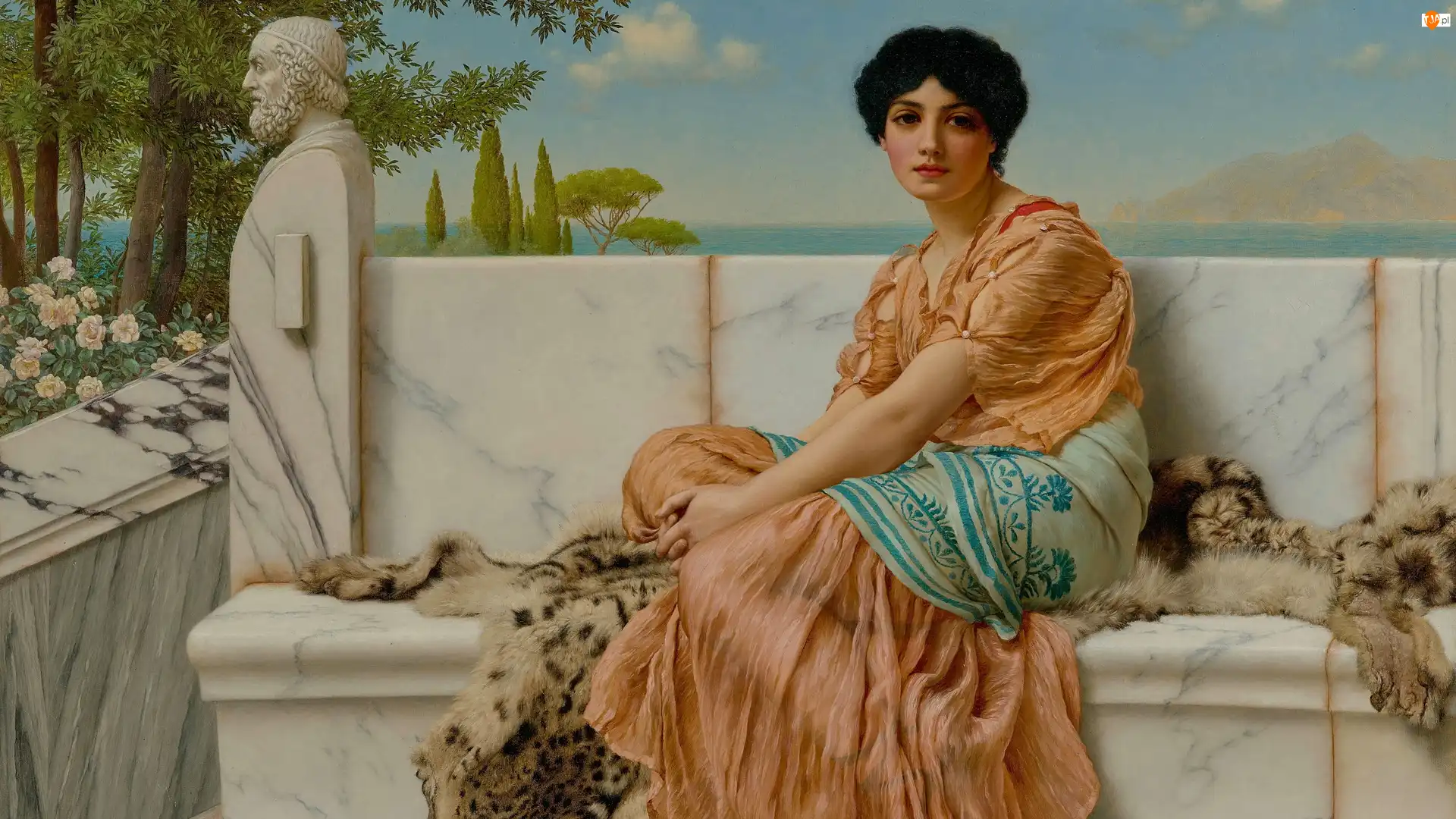 Obraz, Malarstwo, Kobieta, Taras, John William Godward, Ławka