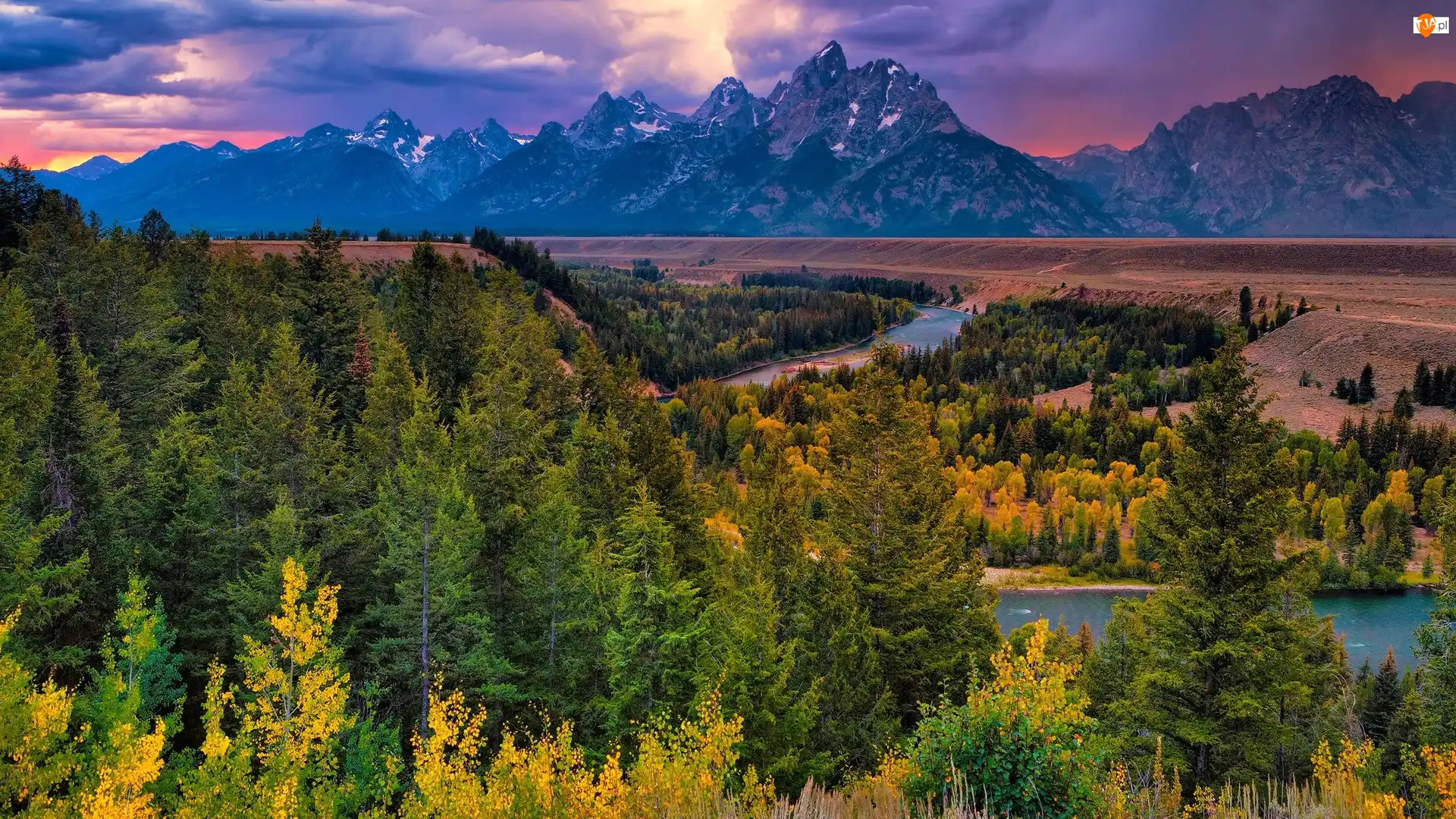 Rzeka, Stany Zjednoczone, Góry, Drzewa, Wyoming, Teton Range, Jesień, Park Narodowy Grand Teton