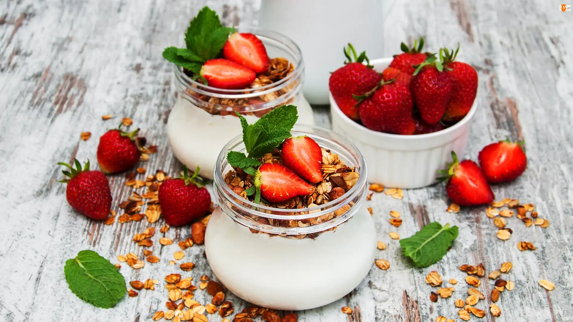 Jogurt, Deser, Słoiczki, Drewno, Musli, Truskawki